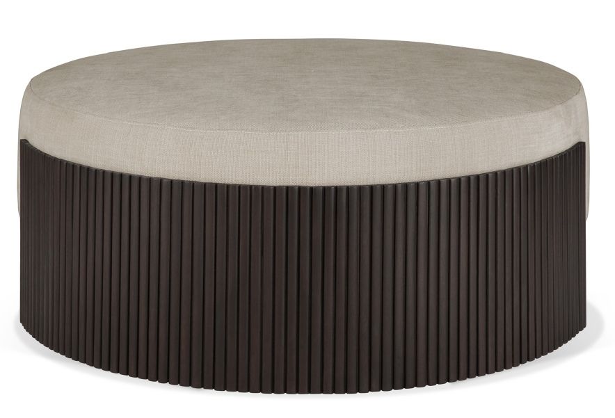 Runder Roller Max Pouf mit dunkelbraunem Mahagoni-Holz und beigem Stoffbezug.