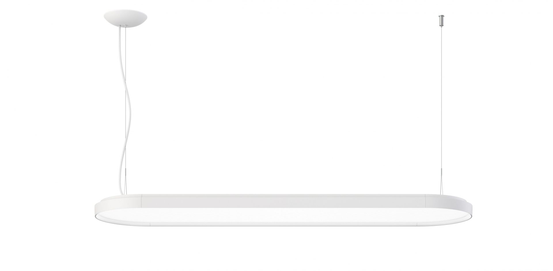 Weiße Kido Pendelleuchte von Belux, 110cm, mit warmweißem Licht (3000K), moderne Hängelampe für Innenräume.