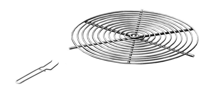 Ember Feuerschale Grillrost: Runder Grillrost aus Metall mit Grillgabel für die Feuerschale.