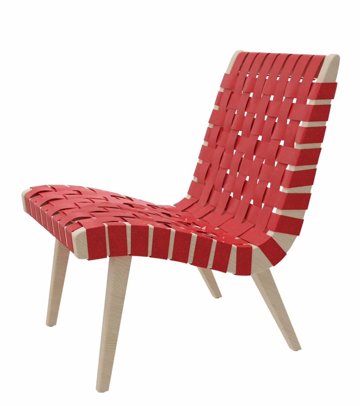 Roter Risom Lounge Stuhl mit Holzgestell. Designklassiker für Wohnzimmer und Lounge-Bereiche.