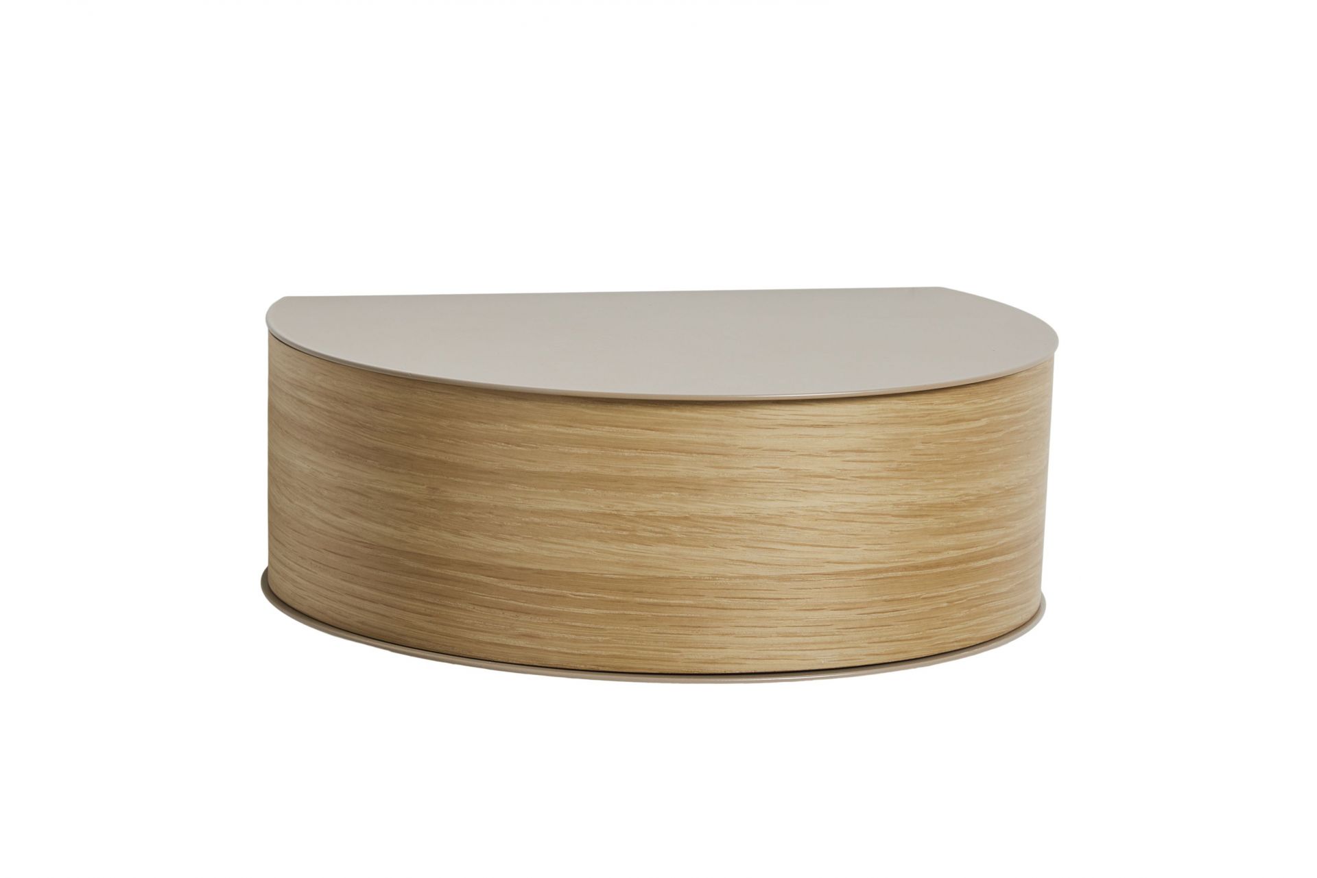 Wallie Wandschublade von Woud, ein halbrundes, beige-graues Wandregal aus Holz für moderne Wohnräume.