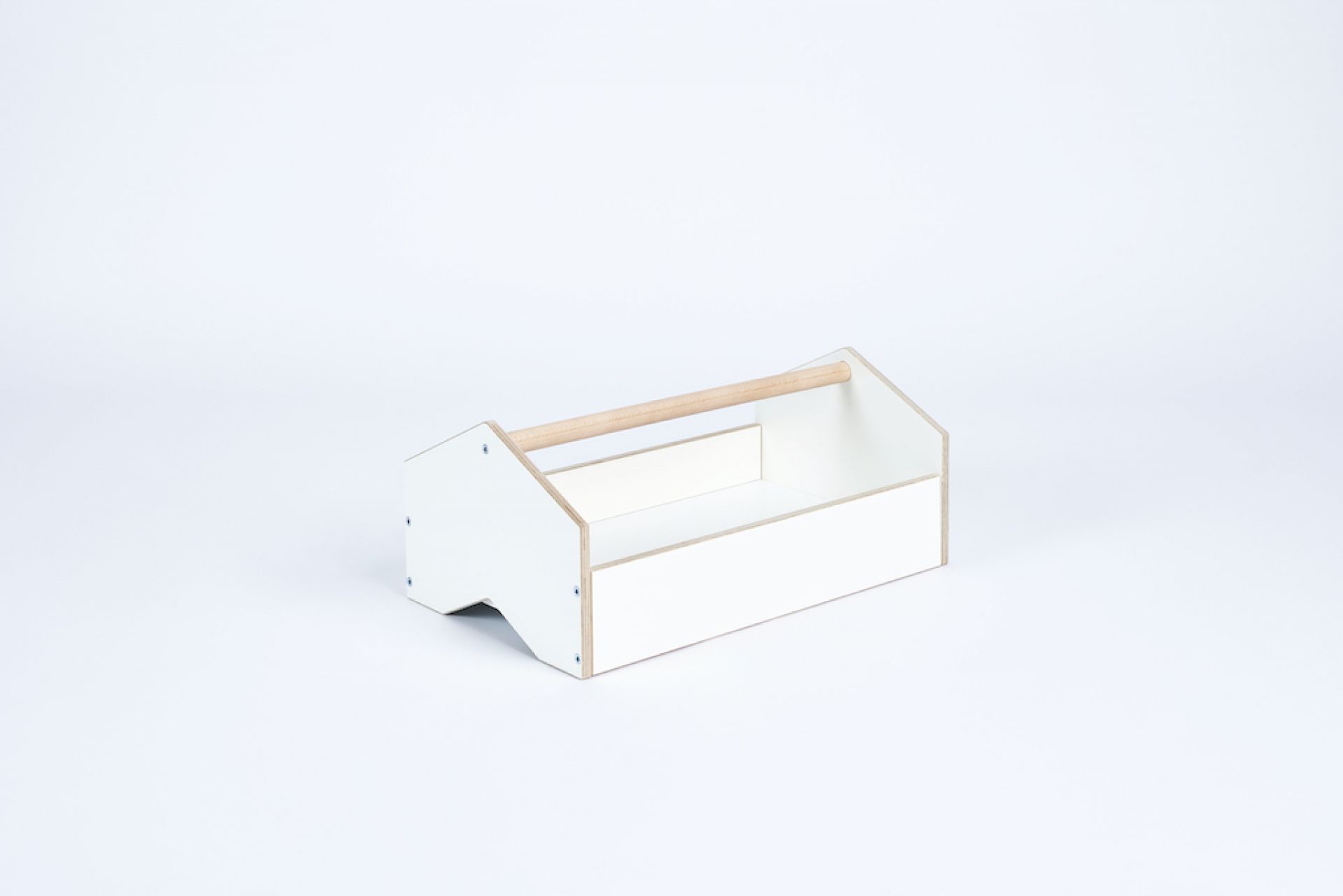 Tojo Kids Werkzeugkiste: Weiße Kindertragekiste aus Holz mit Griff für Werkzeug und Spielzeug.