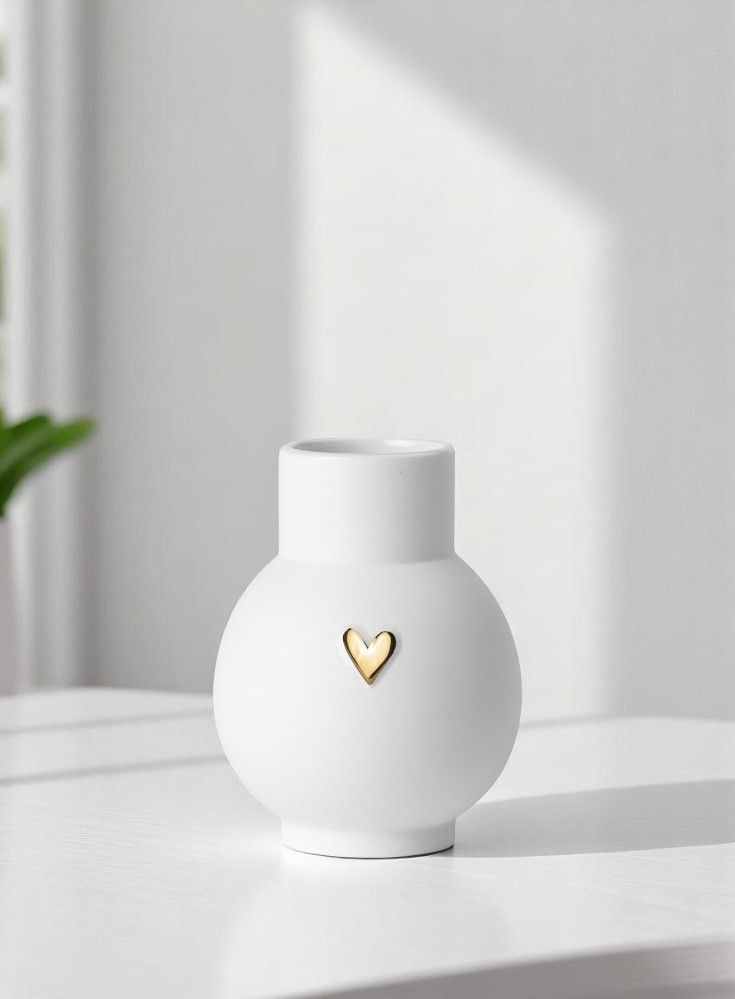 Weiße Kugelvase mit goldenem Herz-Detail. Moderne Deko-Vase für Blumen und Pflanzen.