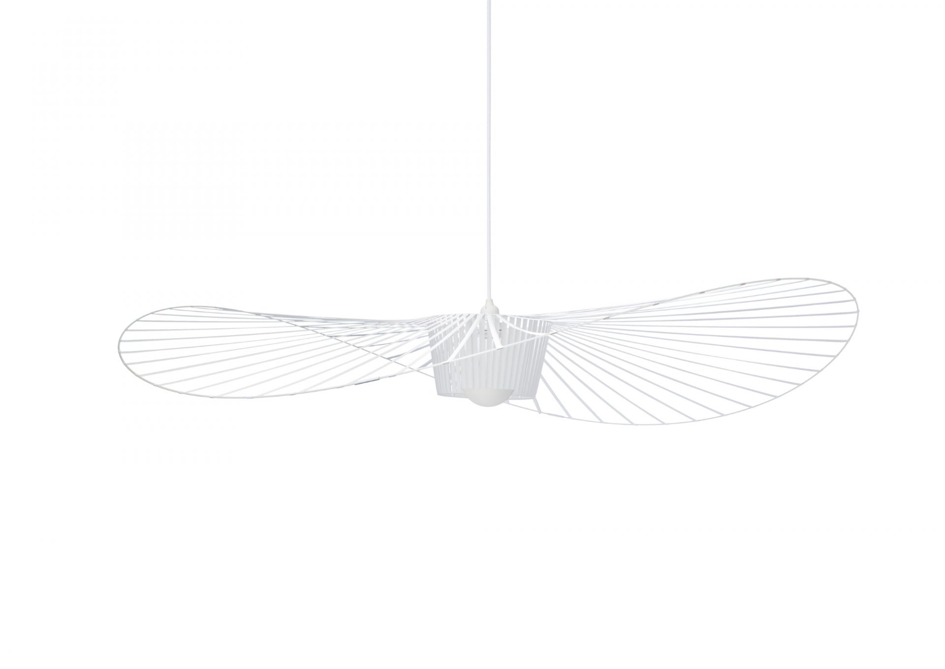 Weiße Vertigo Pendelleuchte von Petite Friture, großes Modell, filigranes Design mit schirmartiger Form und luftiger Optik.