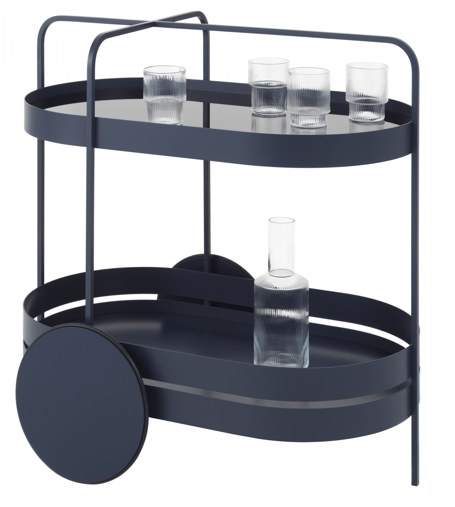 Grace Servierwagen von Schönbuch in Nachtblau mit Gläsern und Karaffe auf zwei Ebenen.