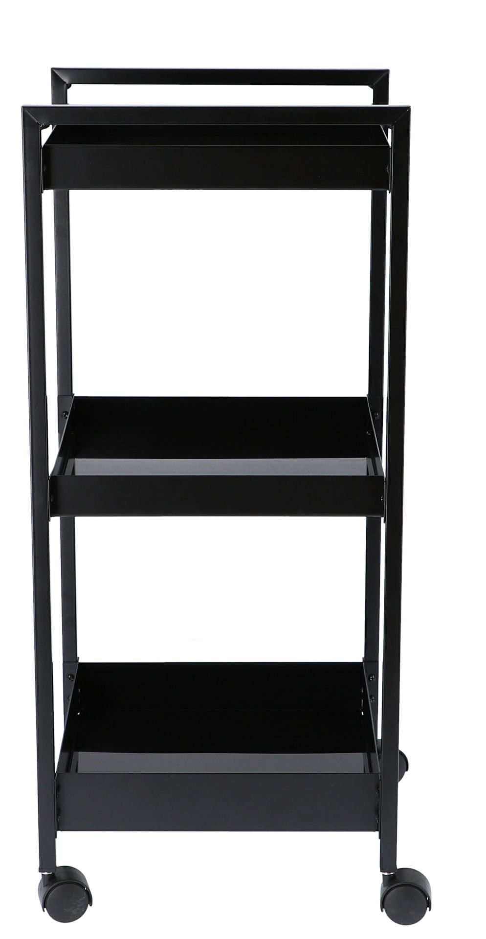 Schwarzer Servierwagen "Butler S" von Jan Kurtz mit drei Ablageflächen und Rollen.