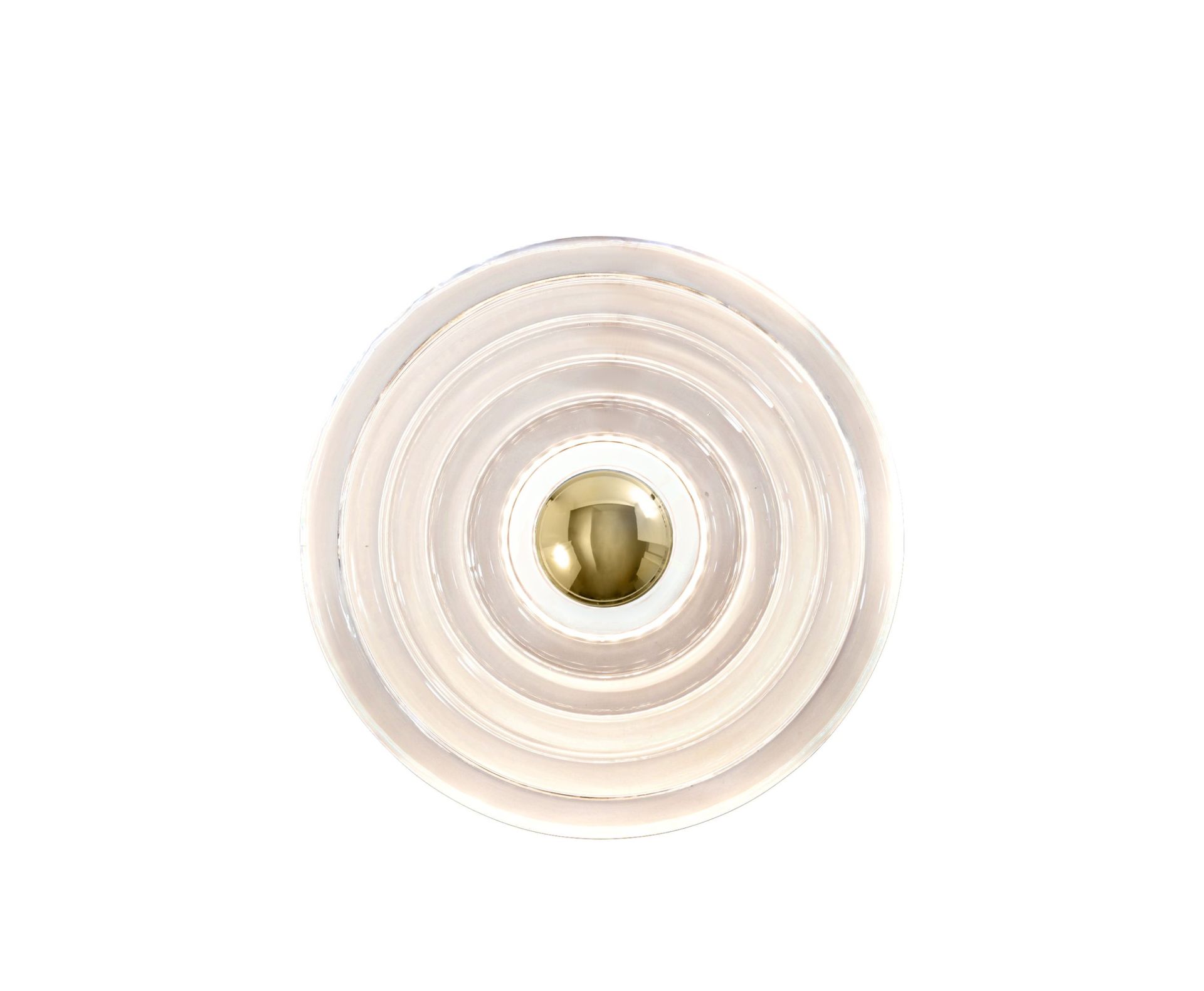 Press Surface Wandleuchte von Tom Dixon, große runde Glasleuchte mit goldenem Mittelpunkt.