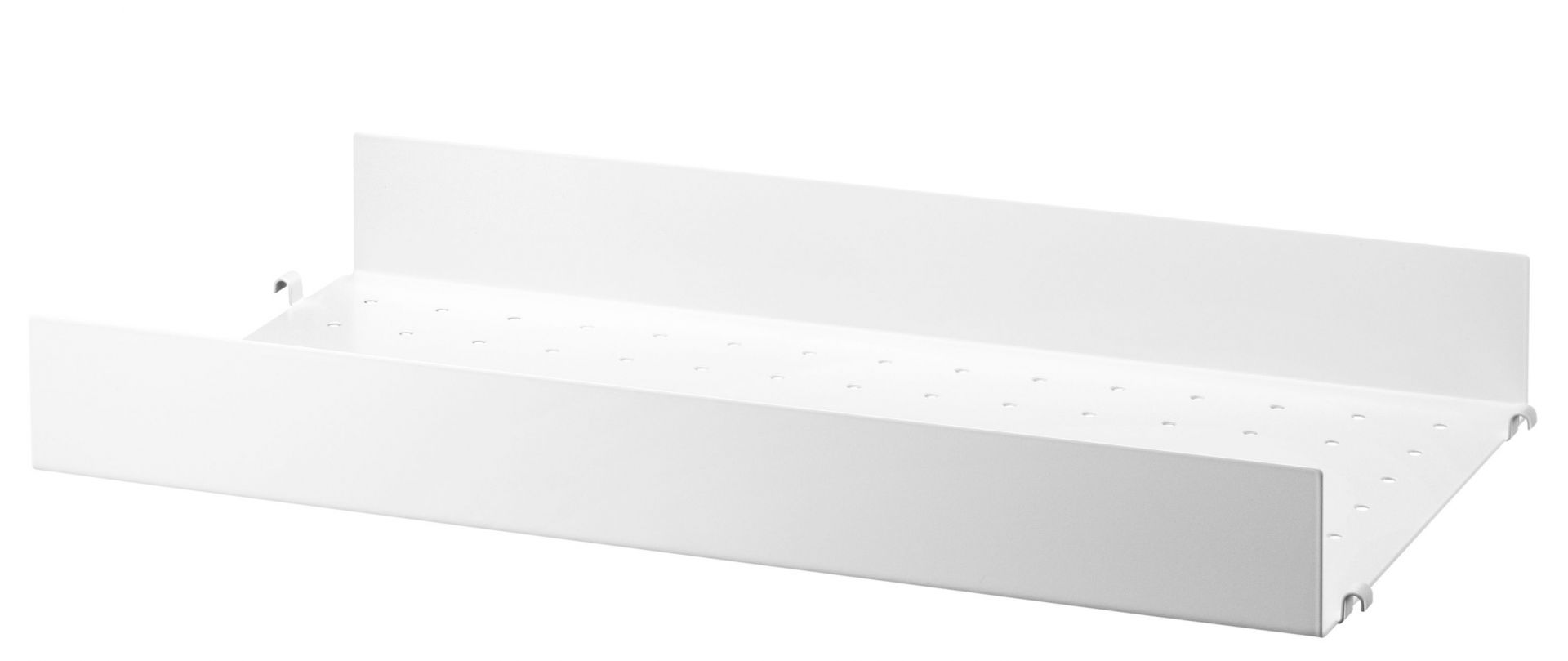 Weißer String Regalboden aus Metall mit hoher Kante, Breite 58 cm, für modulare Regalsysteme.