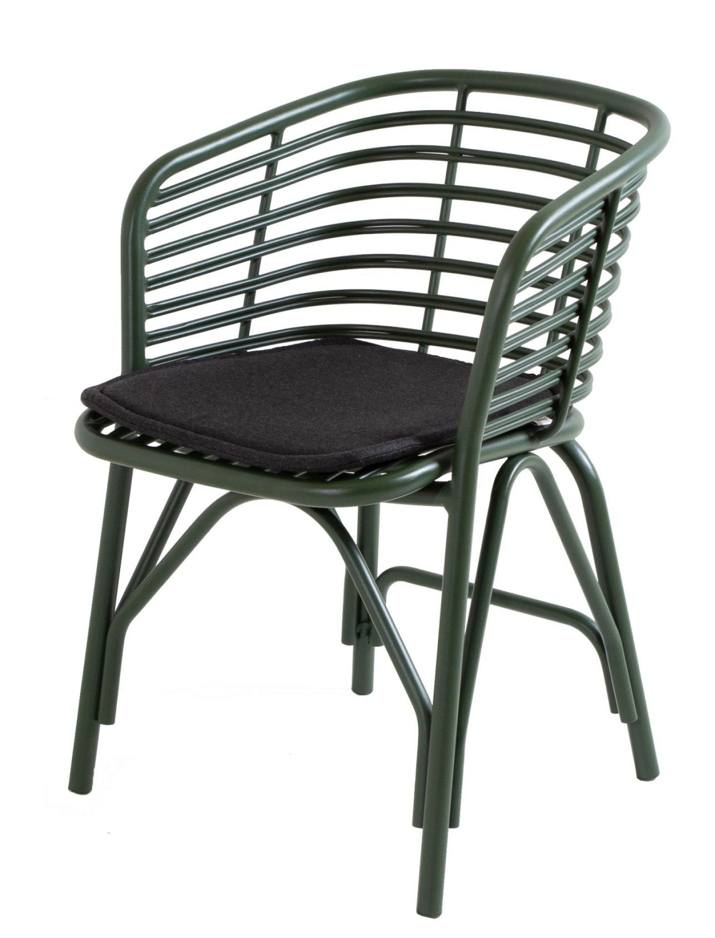 Schwarzes Cane-Line Blend Sitzkissen auf grünem Outdoor Sessel. Bequemes Kissen für Gartenmöbel und Terrassenmöbel.