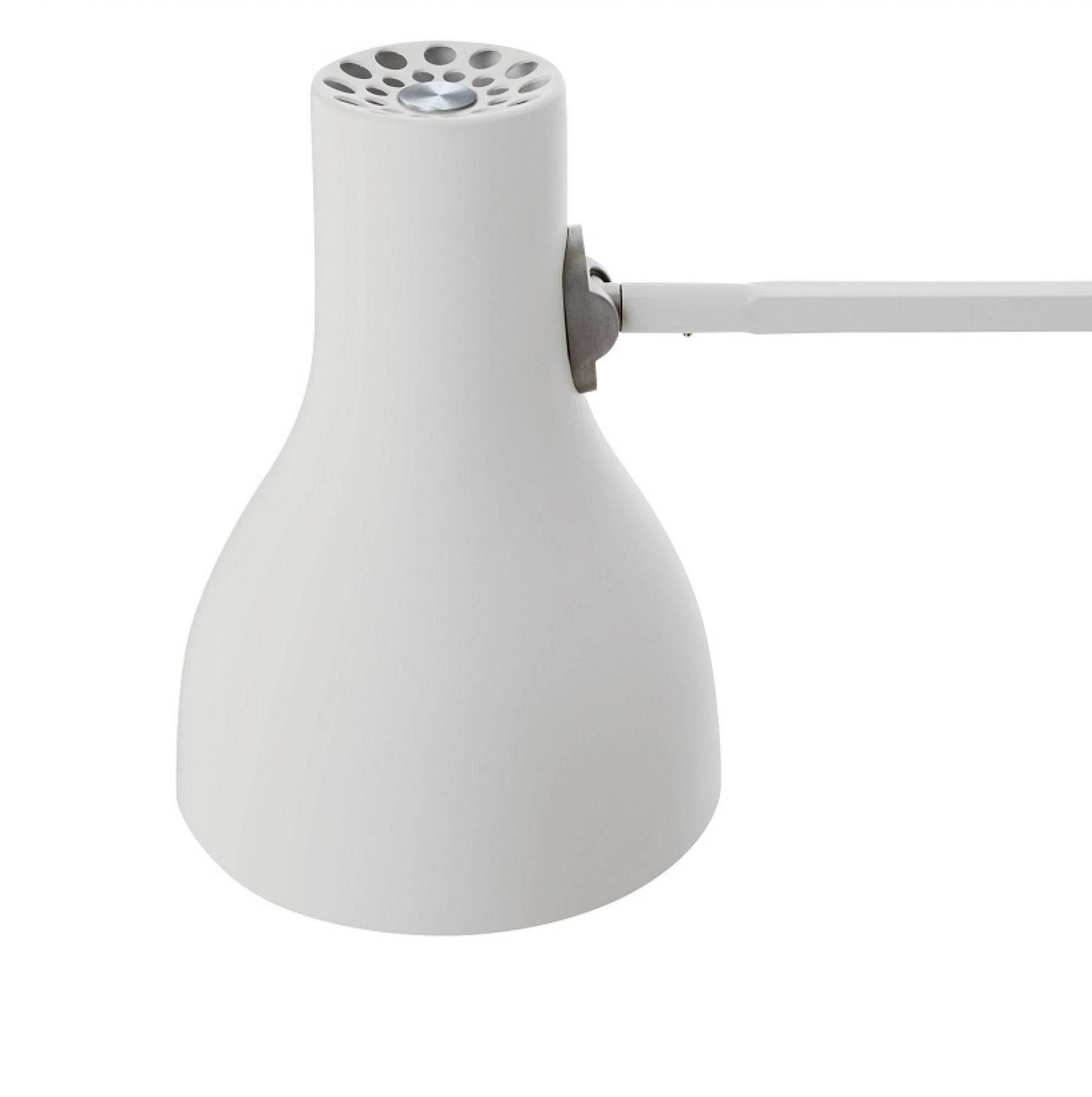 Nahaufnahme der Anglepoise Type 75 Stehleuchte in Alpinweiß, modernes Design für Wohnzimmer und Büro.