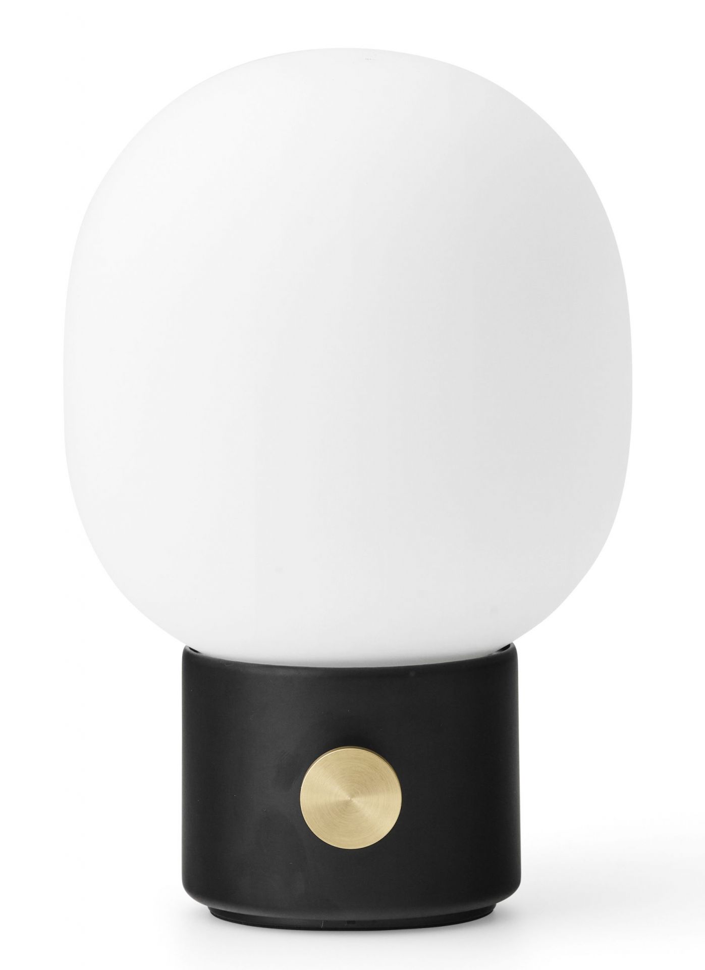 JWDA Tischleuchte tragbar mit schwarzem Fuß und weißem Lampenschirm, Messingdetails. Moderne Tischlampe.