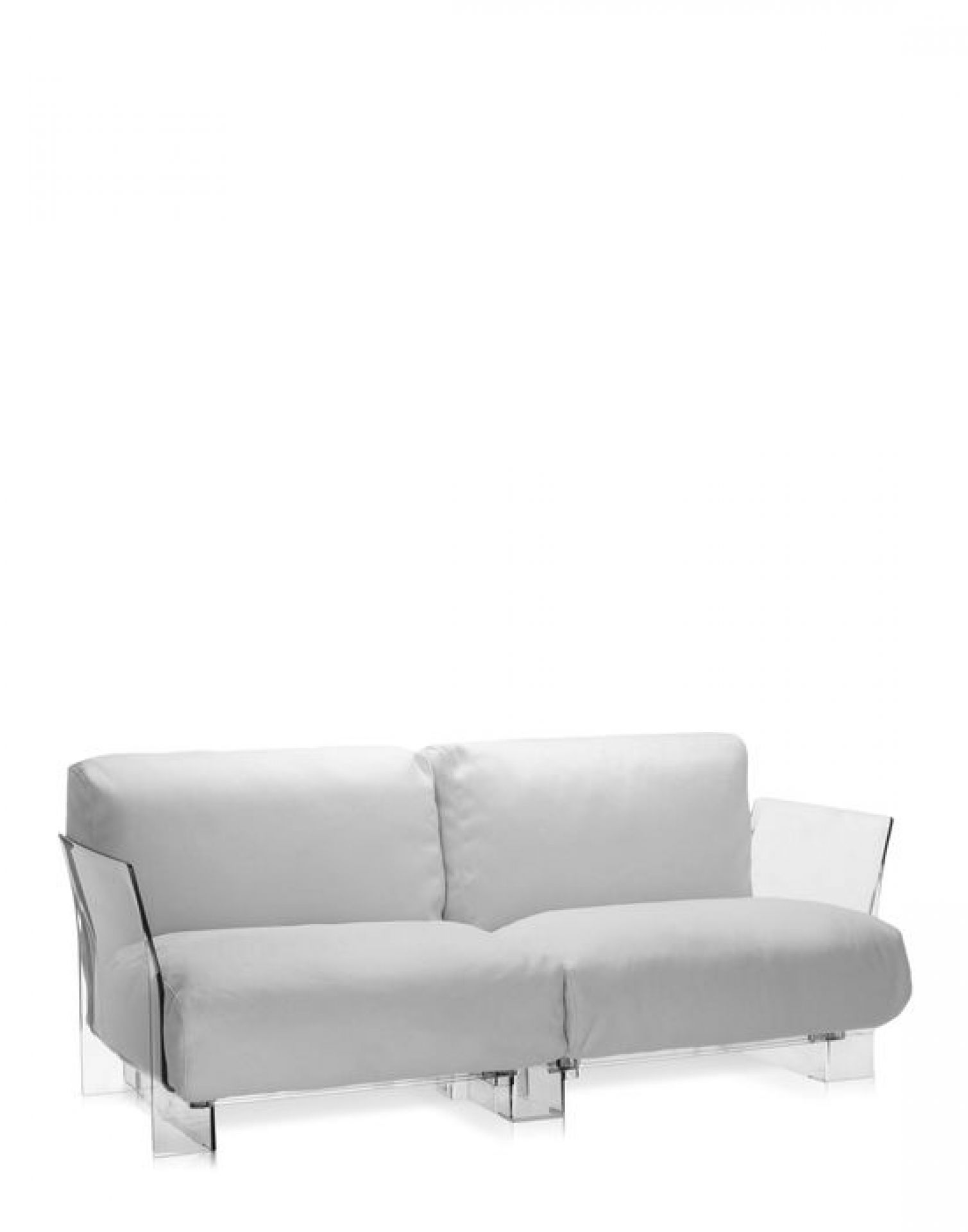 Weißes Kartell Pop Sofa für den Außenbereich mit transparenten Armlehnen und Füßen.
