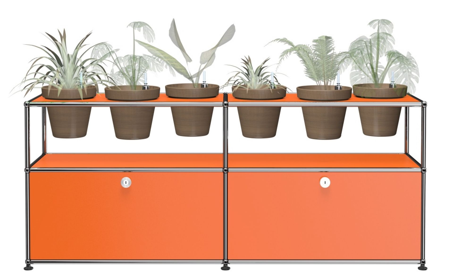 Pflanzenwelten Sideboard in Reinorange mit Pflanzen. USM Haller Möbel für stilvolles Wohnen.