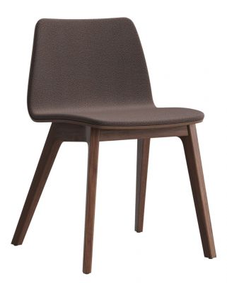 Morph Plus Stuhl mit braunem Sitzpolster und Holzgestell, modernes Design für Esszimmer und Büro.