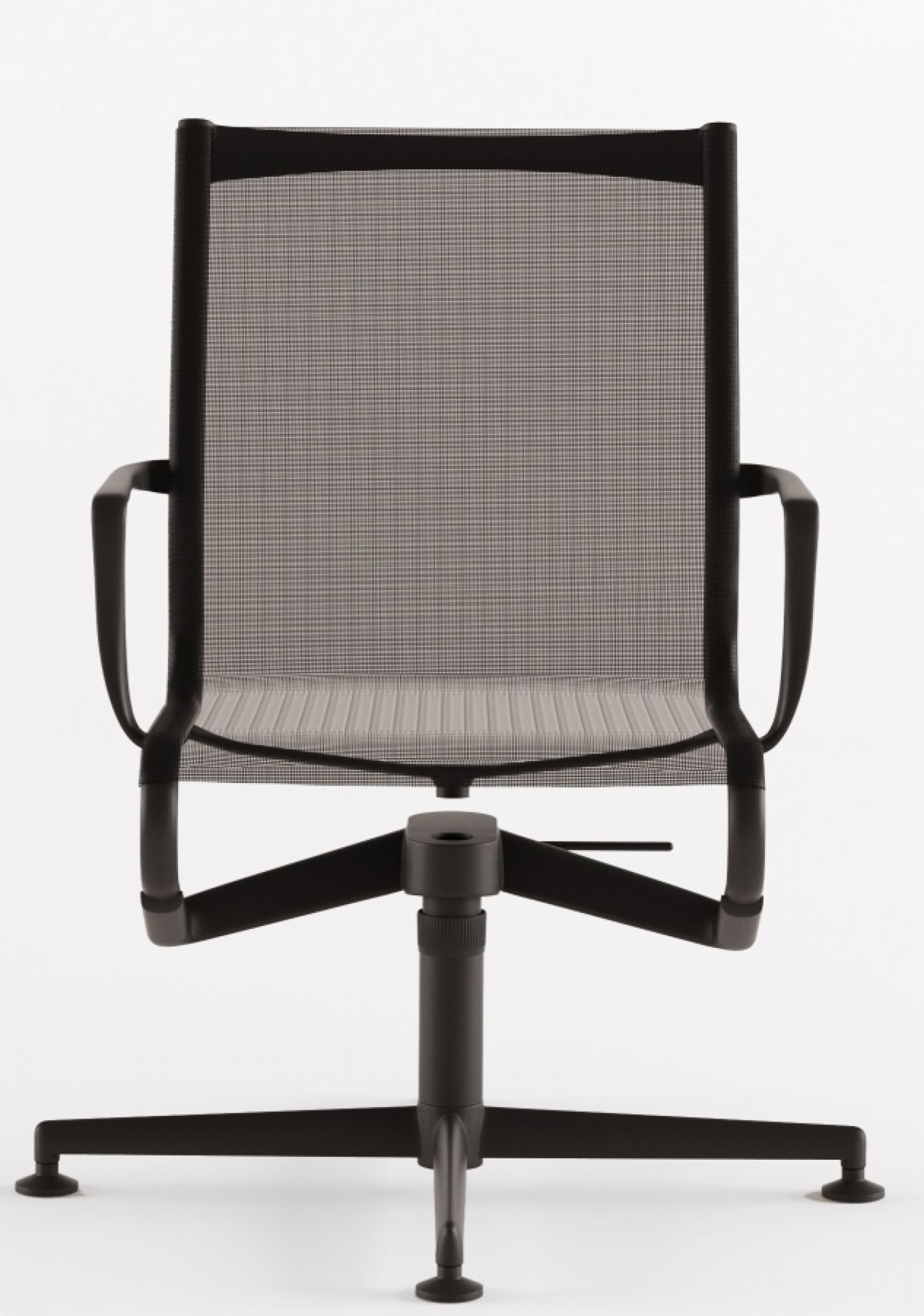 Meetingframe Drehstuhl Alias: Ansicht der Rückenlehne und des schwarzen Fußkreuzes. Bürostuhl mit Netzbezug.