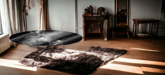 Galaxy Low Table von Moroso Diesel: Runder, niedriger Tisch mit Galaxie-Muster in modernem Wohnzimmer.