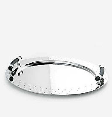 Ovales, silbernes Alessi Tablett mit schwarzen Griffen und Lochmuster. Serviertablett für Küche und Esszimmer.