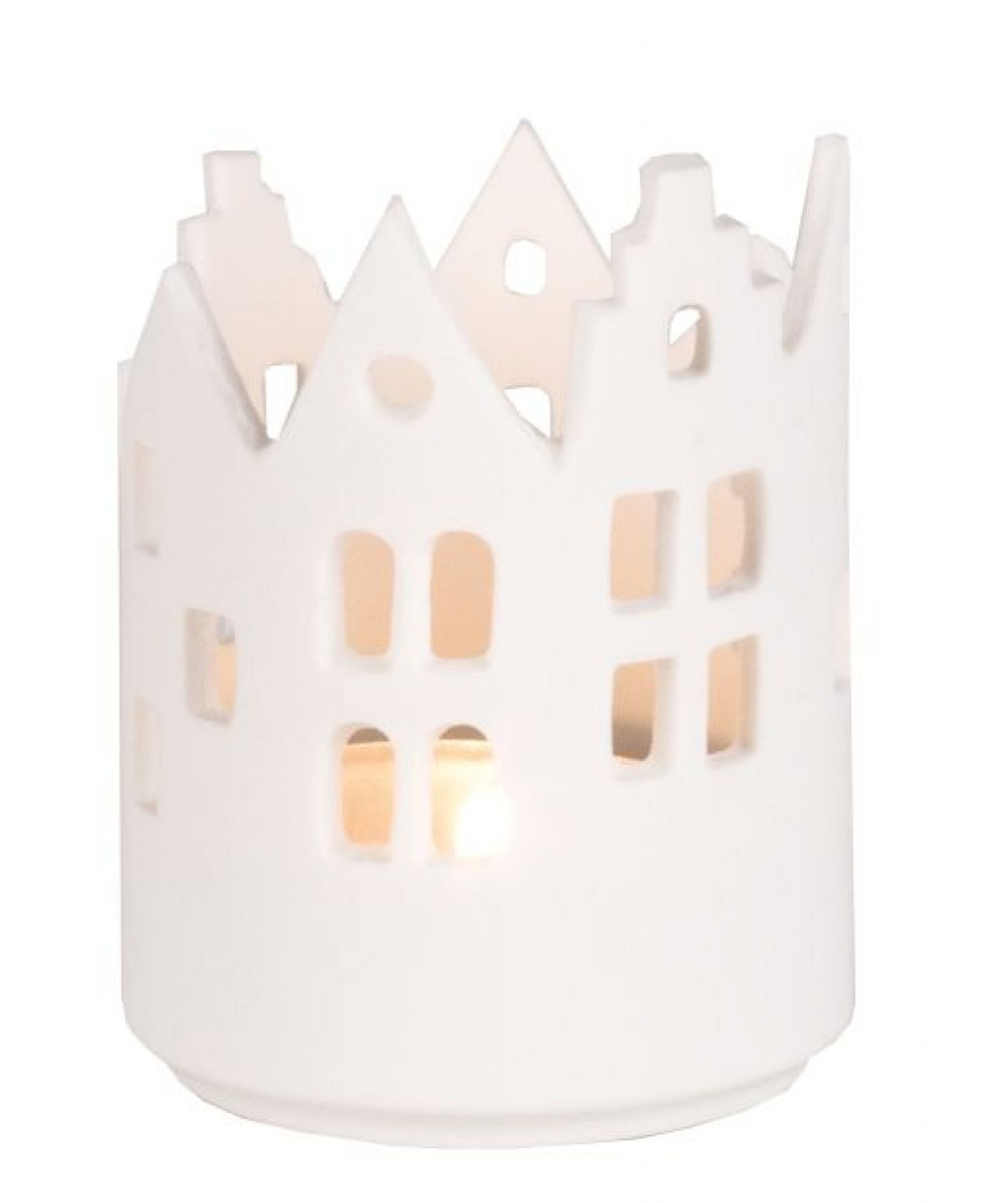 Weißes Stadtlicht Windlicht mit Hausfassaden-Design, Kerzenhalter für stimmungsvolle Beleuchtung im Innenbereich.