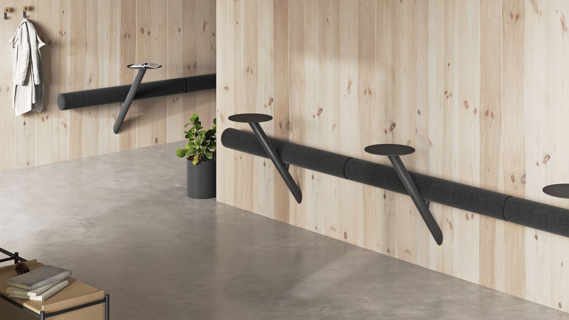 Lumber Wall Sitzmöbel: Wandmontierte Sitzbank mit schwarzen Sitzen vor einer Holzwand.