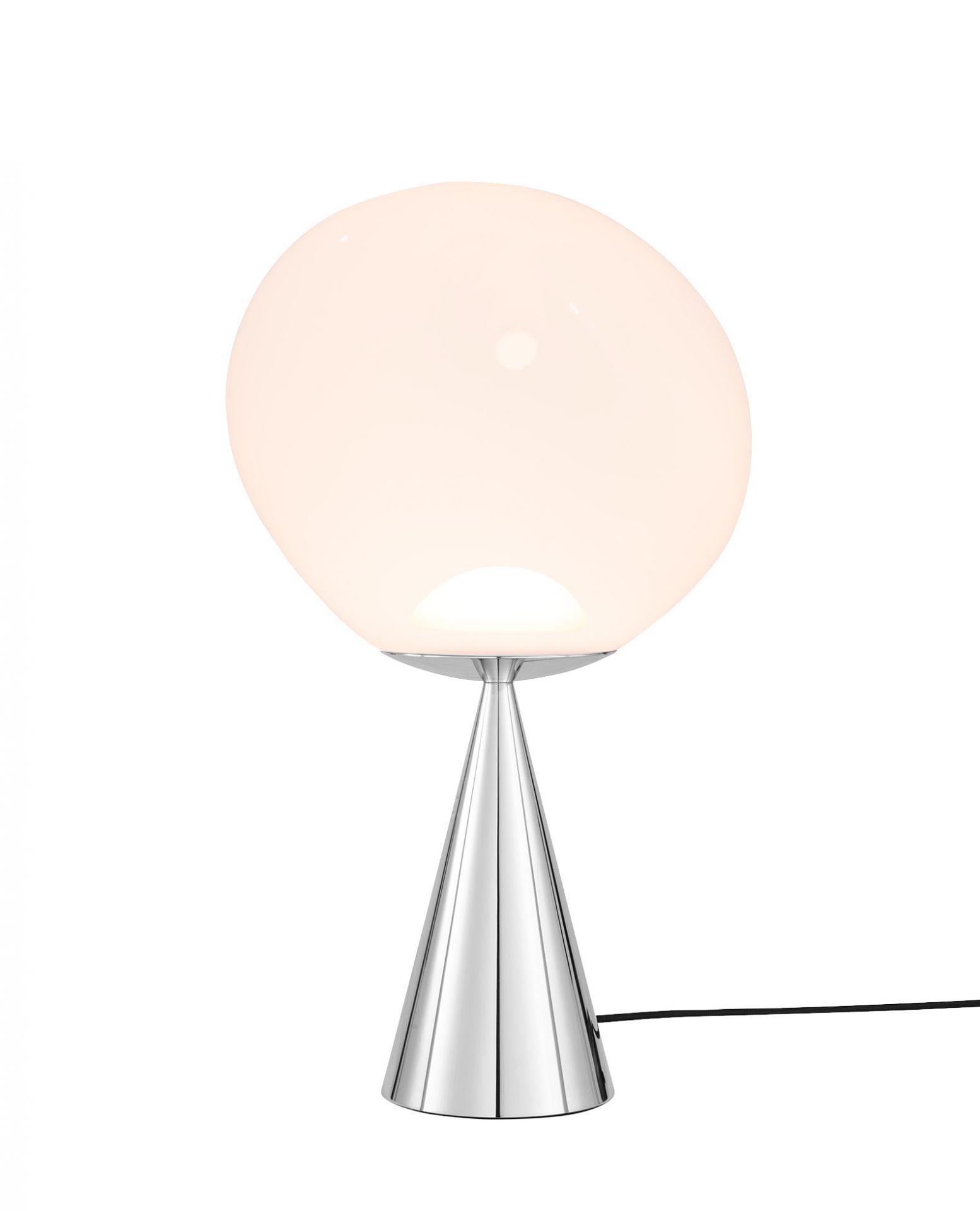 Silberne Tom Dixon Melt Cone Tischleuchte mit opalweißem Lampenschirm, moderne Designerleuchte.