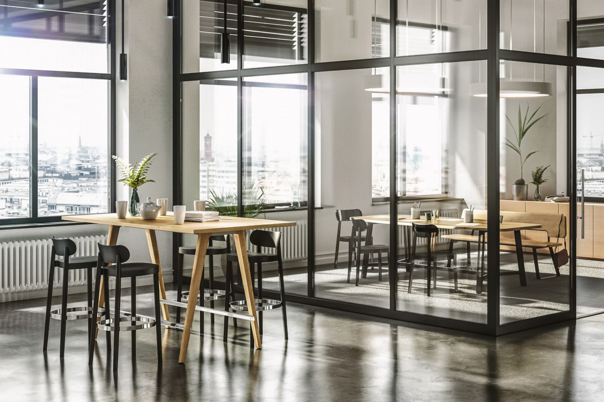 Moderner Büroraum mit hellem Holz Stehtisch und schwarzen Barhockern, möglicherweise Thonet Design.