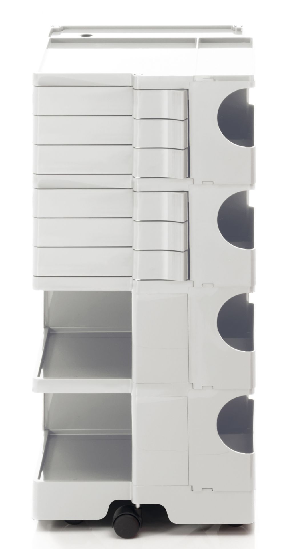 Weißer Boby Rollcontainer mit Schubladen, Fächern und Rollen, ideal für Büro und Arbeitszimmer.