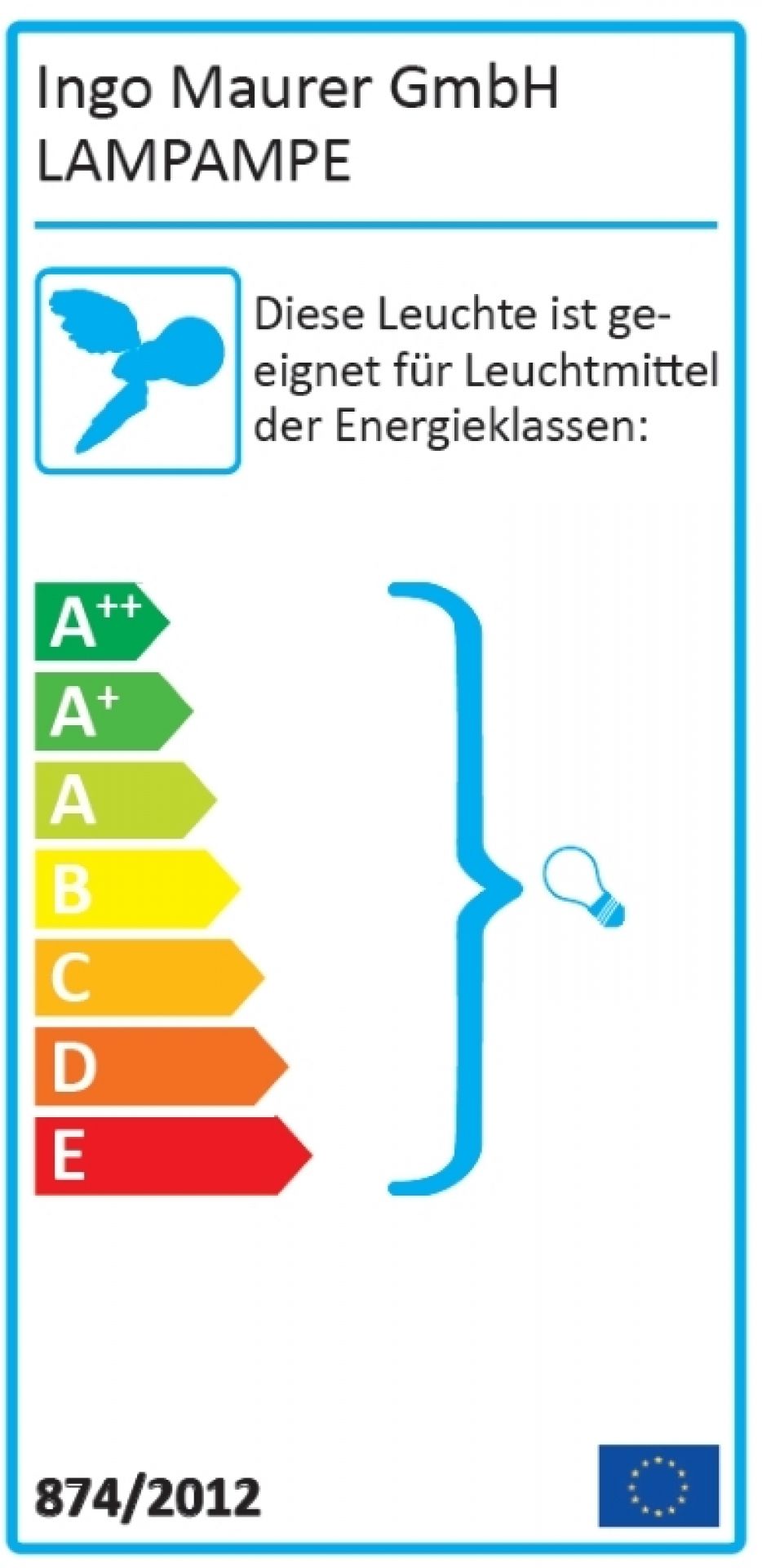 Energieeffizienzlabel der Lampampe Tischleuchte von Ingo Maurer, Energieklassen A++ bis E.