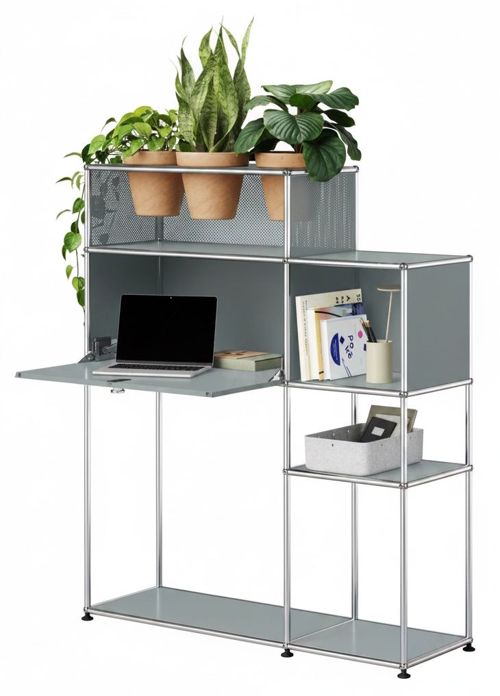 Home Office mit Pflanzenelement USM Haller Lichtgrau