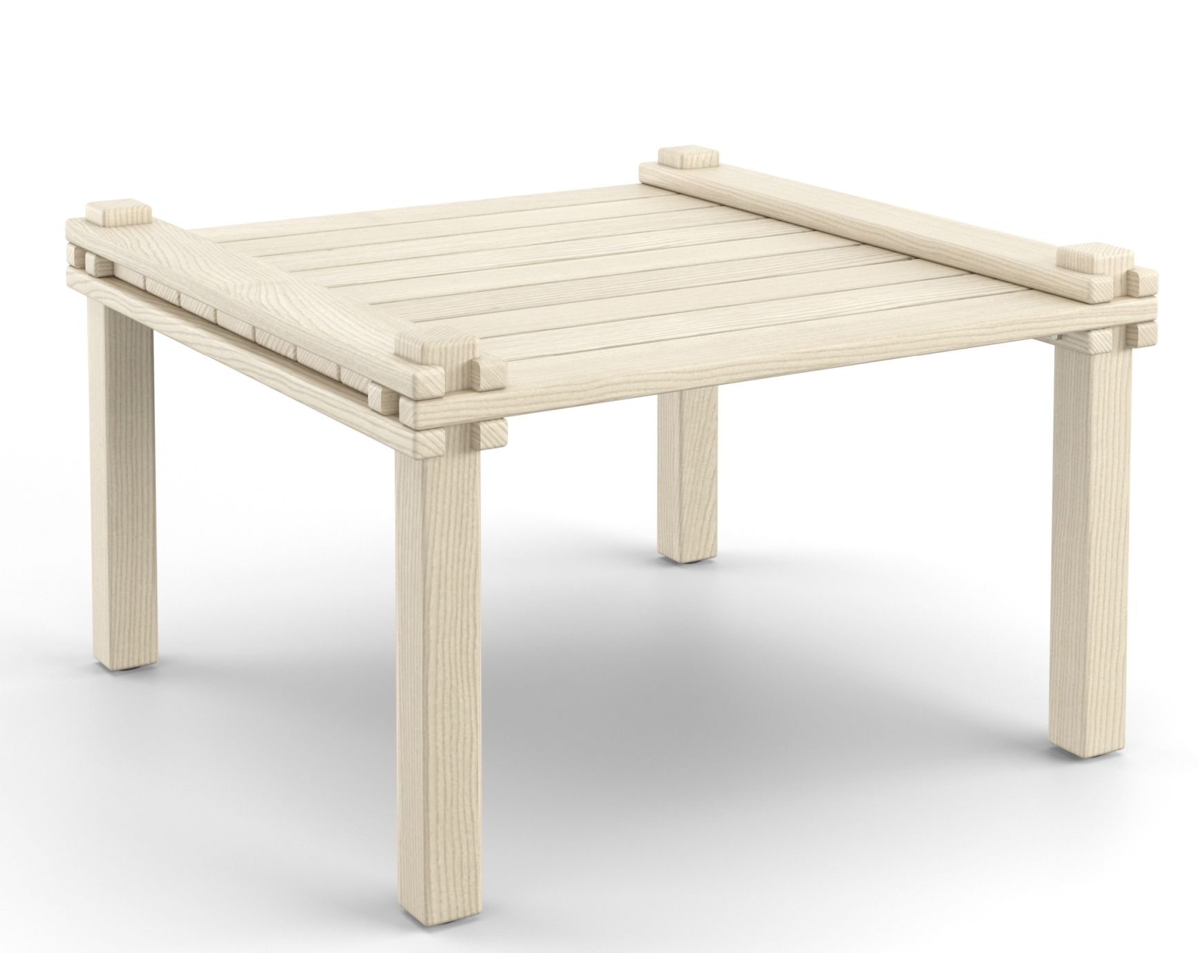 Farmer Tisch Outdoor Cor: Quadratischer Holztisch für den Garten oder die Terrasse, helle Holzfarbe.