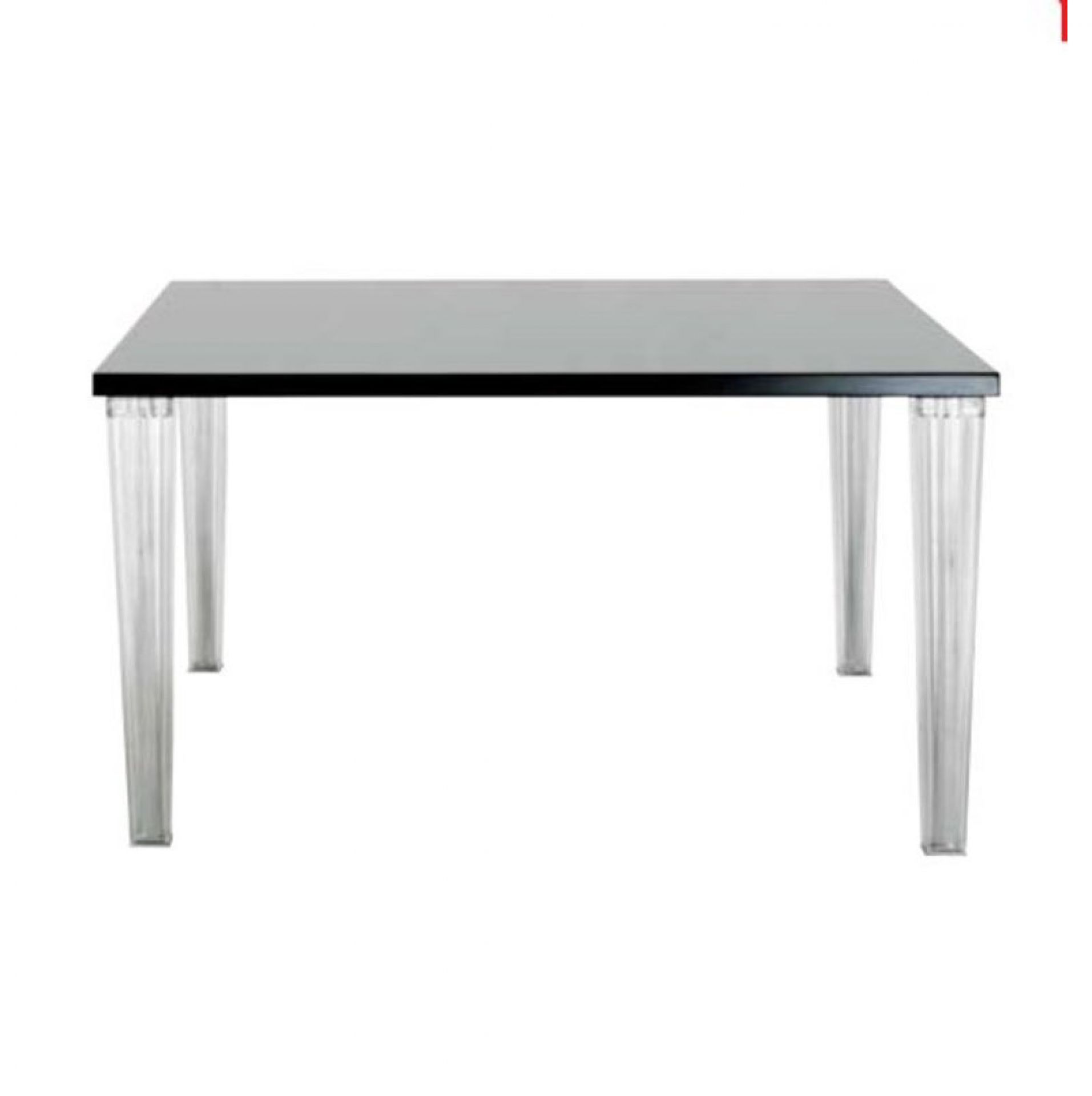 Top Top Glastisch von Kartell mit schwarzer Glasplatte und transparenten Kunststoffbeinen, Frontansicht.