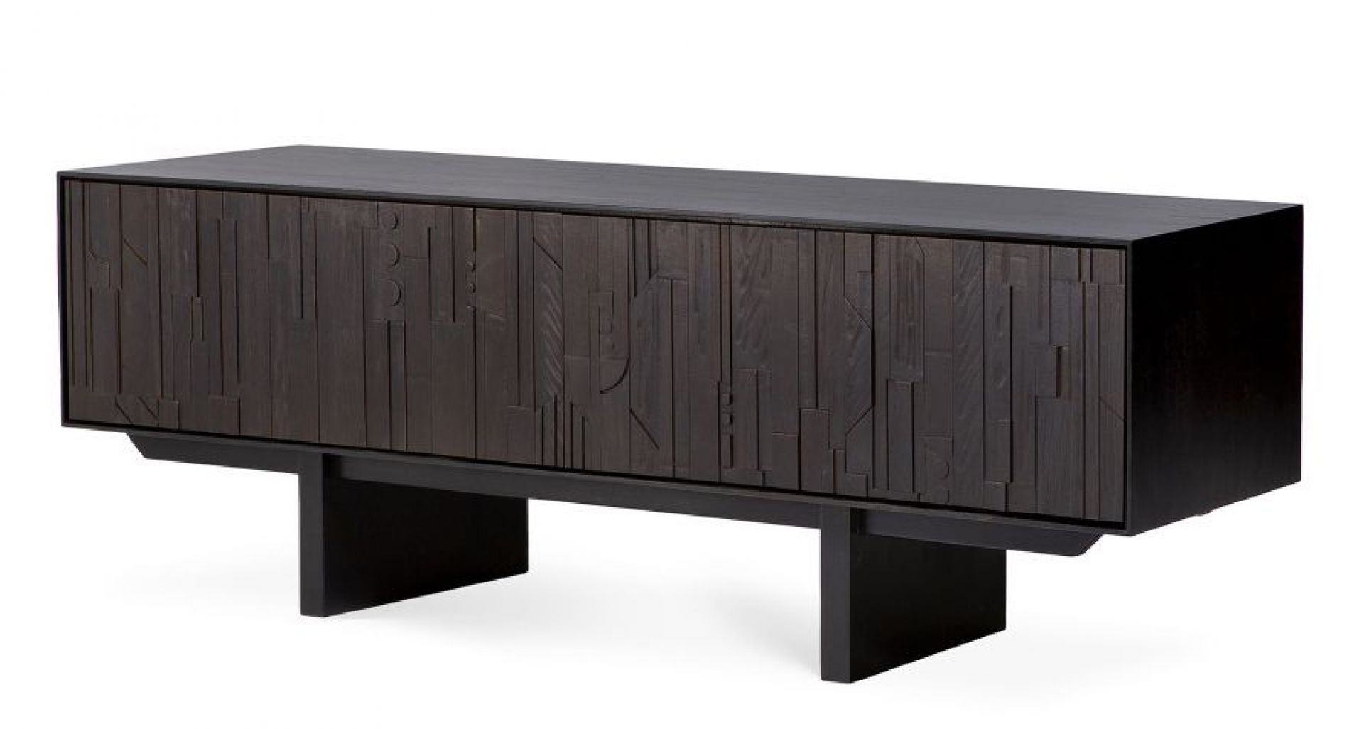 Ethnicraft Mosaic TV Möbel: Dunkles Holz TV Lowboard mit geometrischen Mustern.