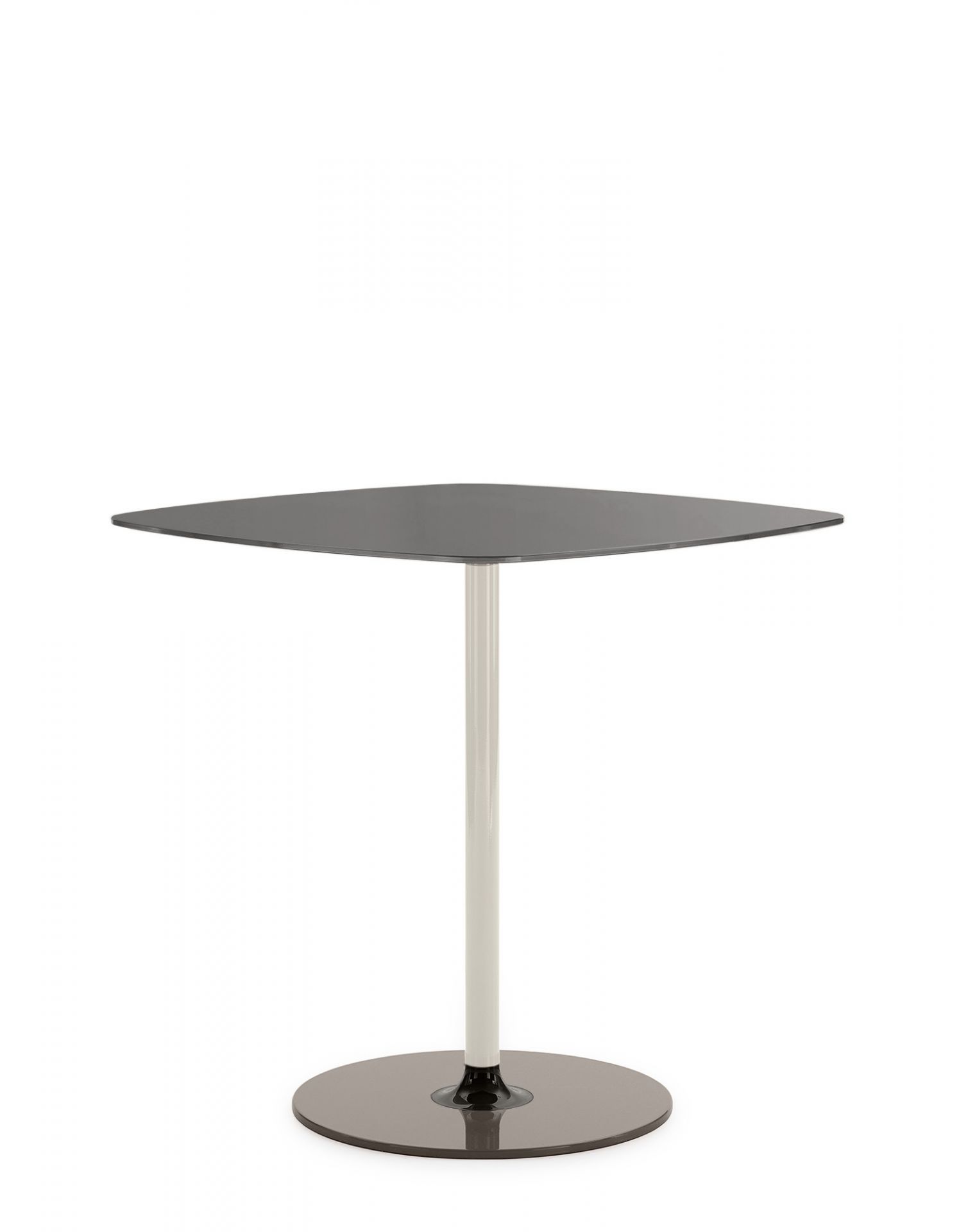 Grauer Thierry Bistrot Tisch von Kartell, quadratische Tischplatte mit zentralem Fuß, modernes Design.
