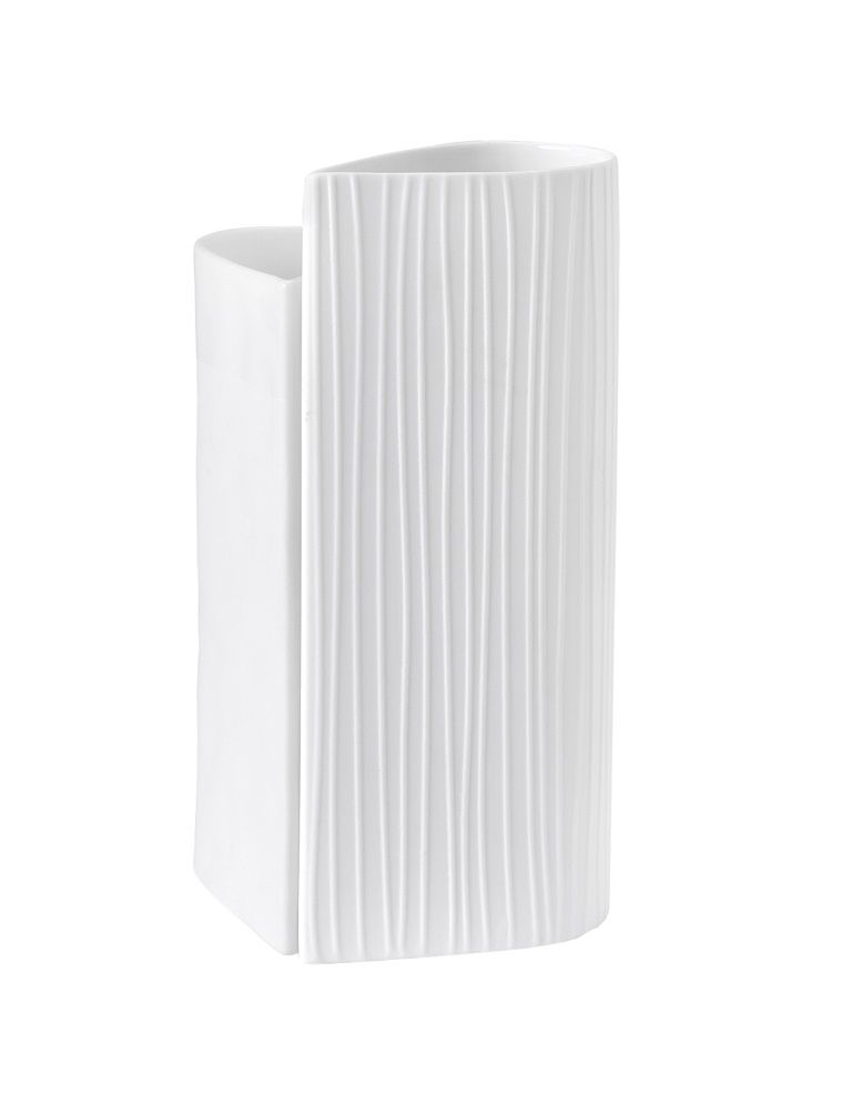 Weiße, moderne Vase mit plissiertem Design für Hochzeiten und stilvolle Dekorationen.