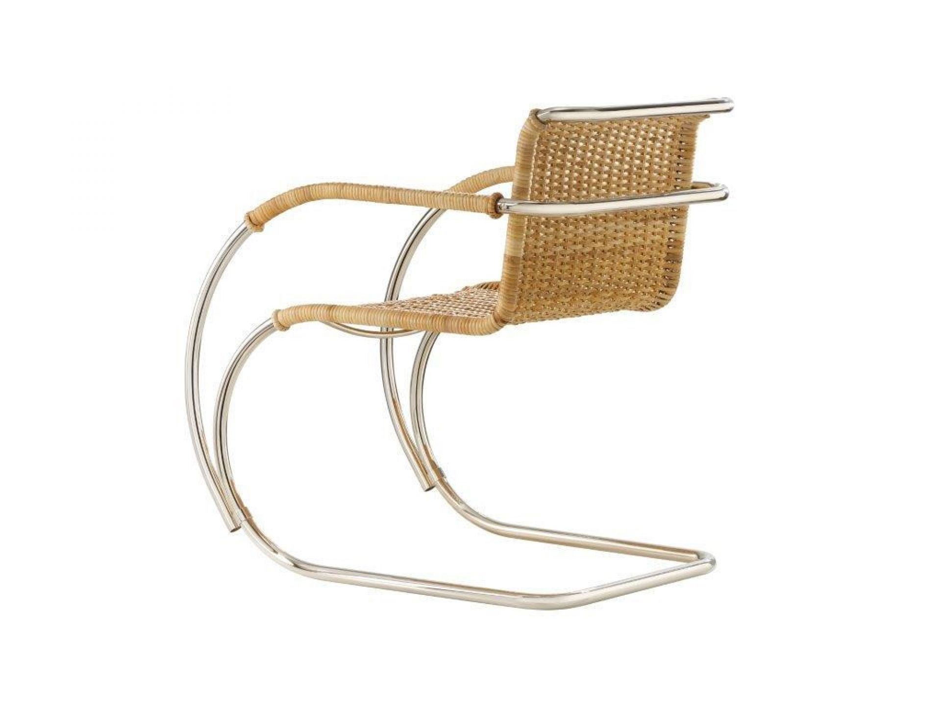 Weißenhof Armlehnenstuhl D42 Tecta mit Wiener Geflecht und verchromtem Stahlrohr Gestell, seitliche Ansicht.