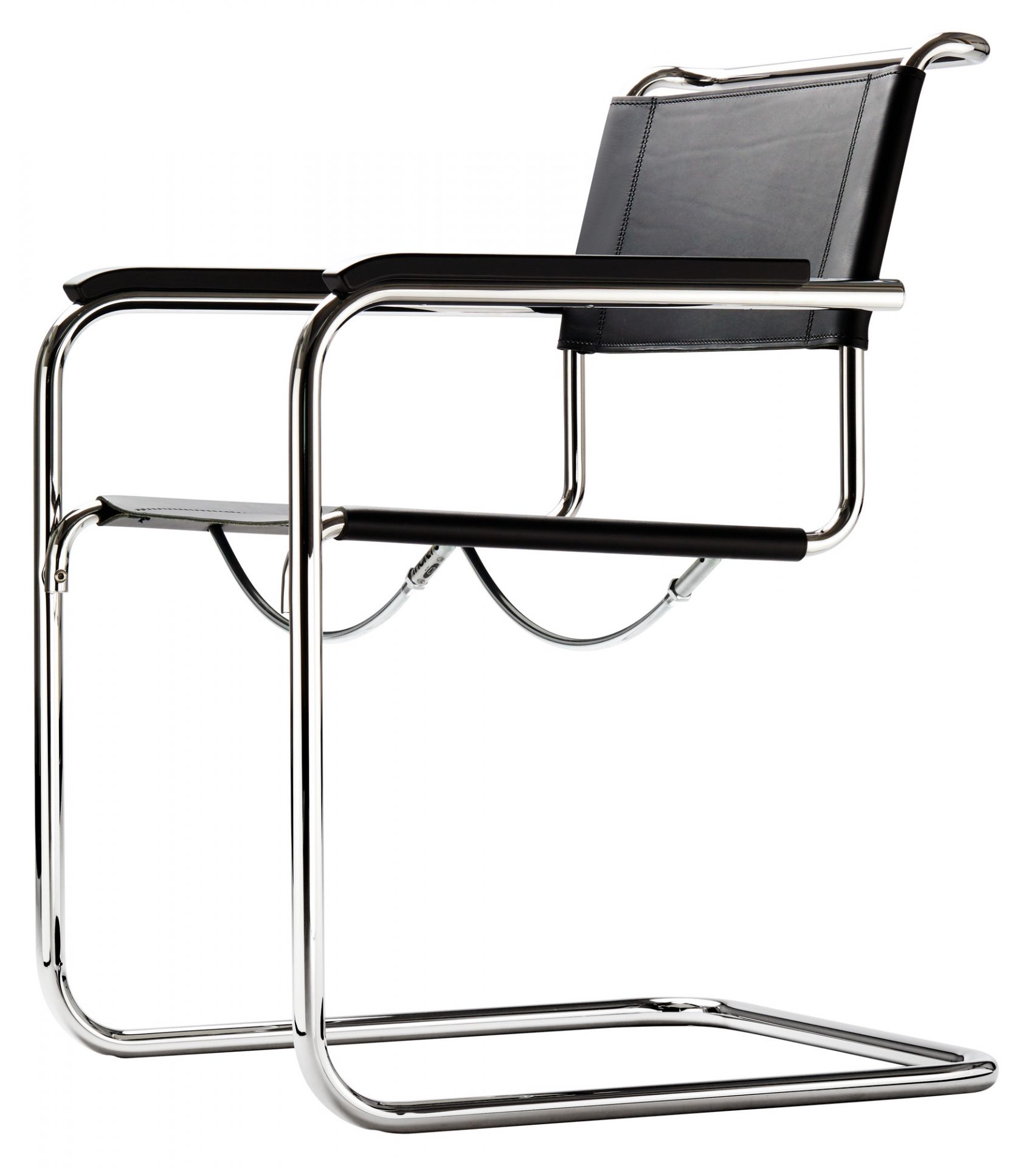 S 34 Freischwinger von Thonet mit schwarzem Leder und verchromtem Stahlrohr Gestell, seitliche Ansicht.