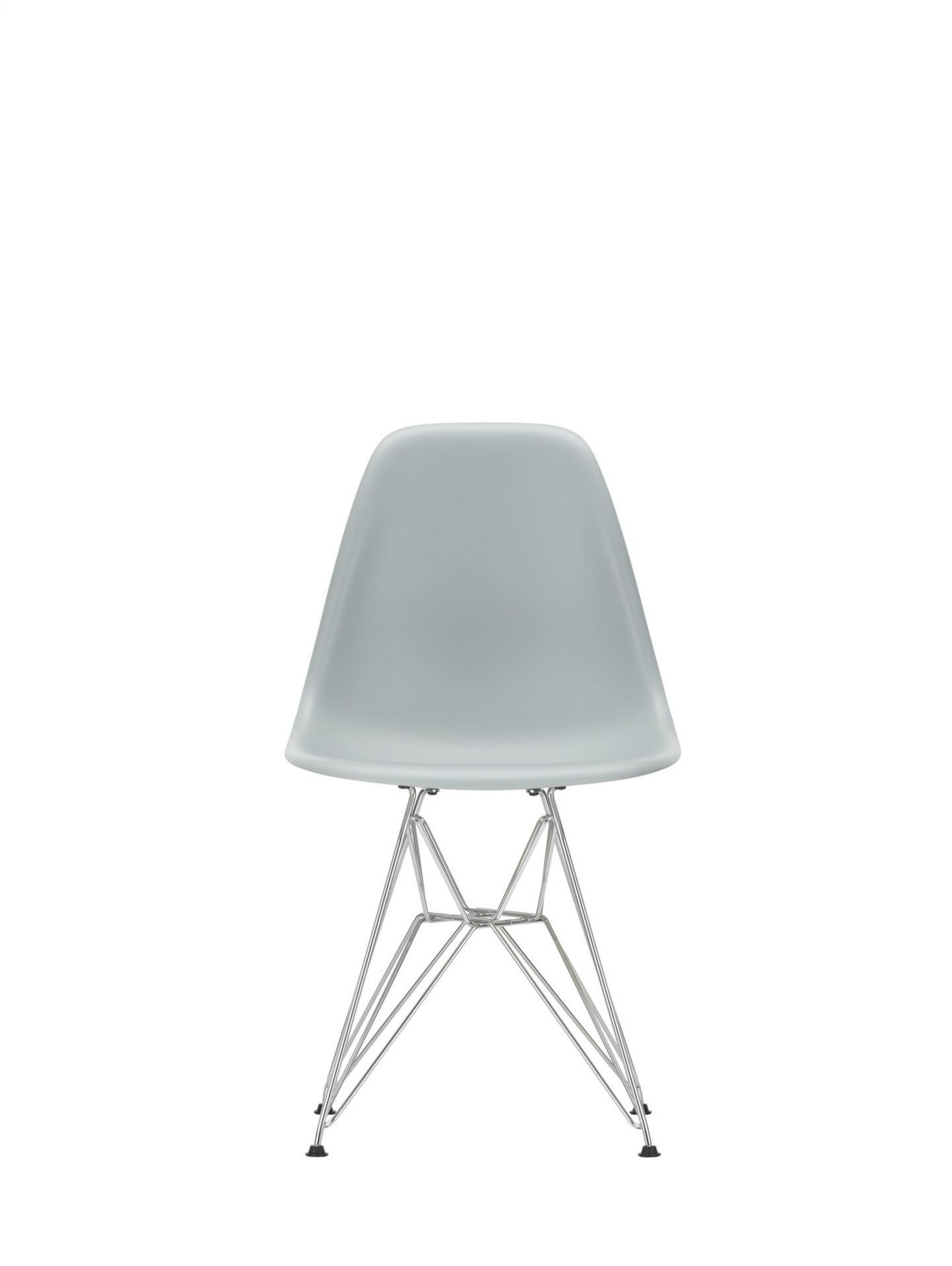 Grauer Eames DSR Stuhl von Vitra mit Chromgestell, moderner Designklassiker für Esszimmer und Wohnbereich.