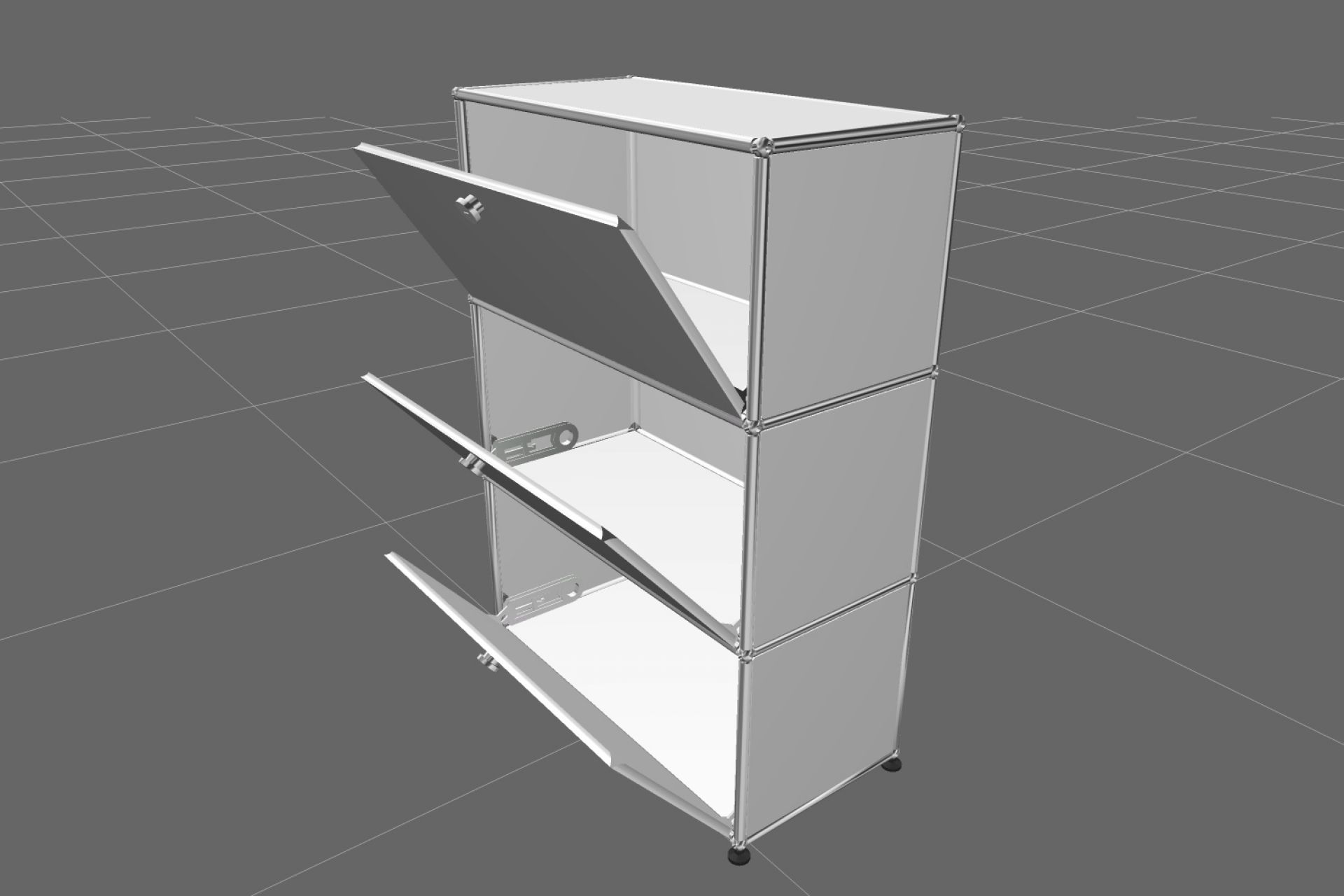 USM Haller Highboard in Reinweiß mit drei Klappen, teilweise geöffnet, für moderne Wohnraumgestaltung.