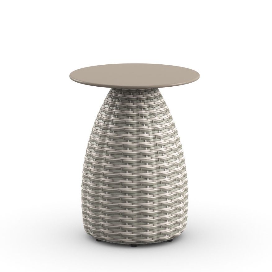 Dedon Porcini Beistelltisch mit runder Tischplatte und geflochtenem Korpus in Grau- und Weißtönen.