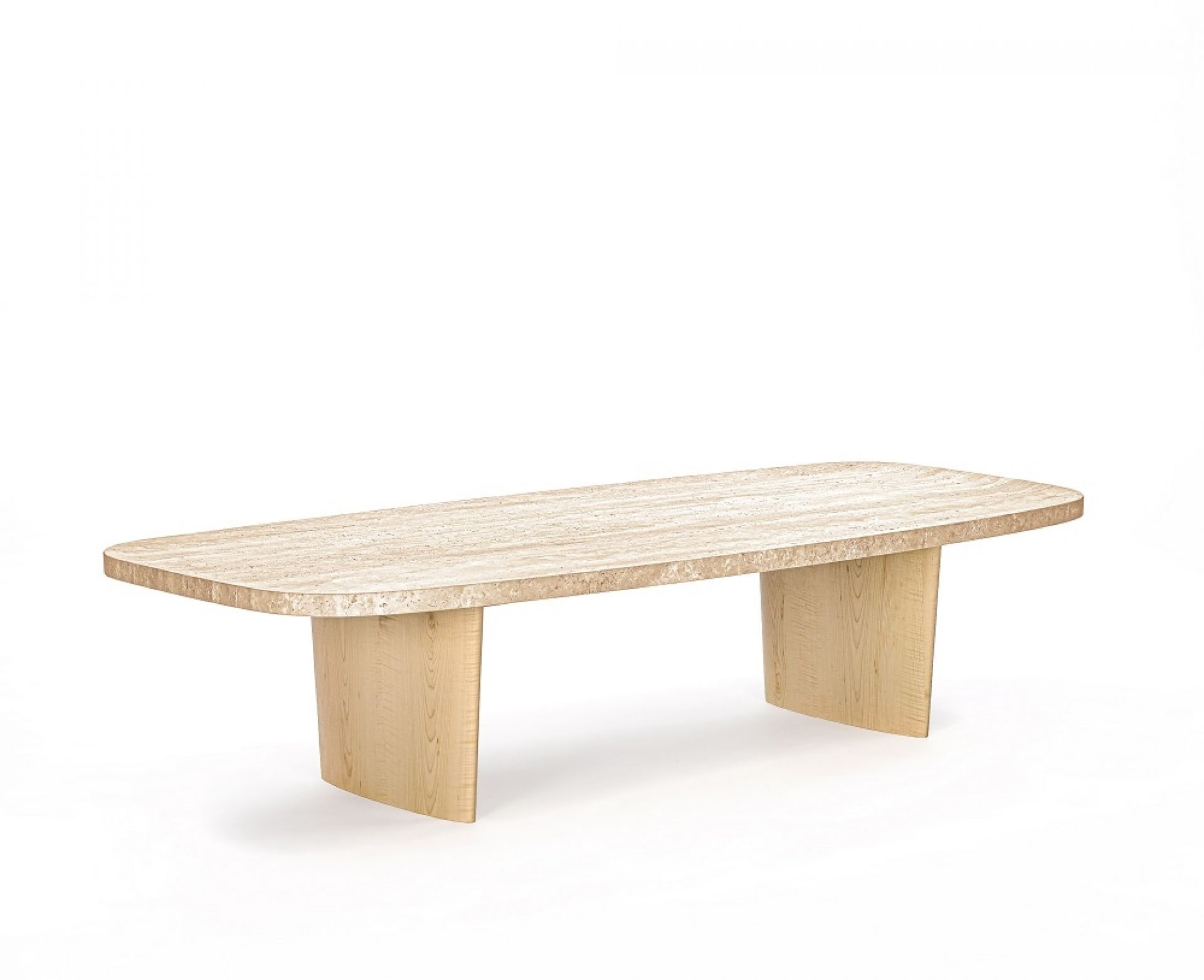 Classicon Couchtisch Matéria: Rechteckiger Couchtisch mit Travertinplatte und Holzgestell auf weißem Hintergrund.