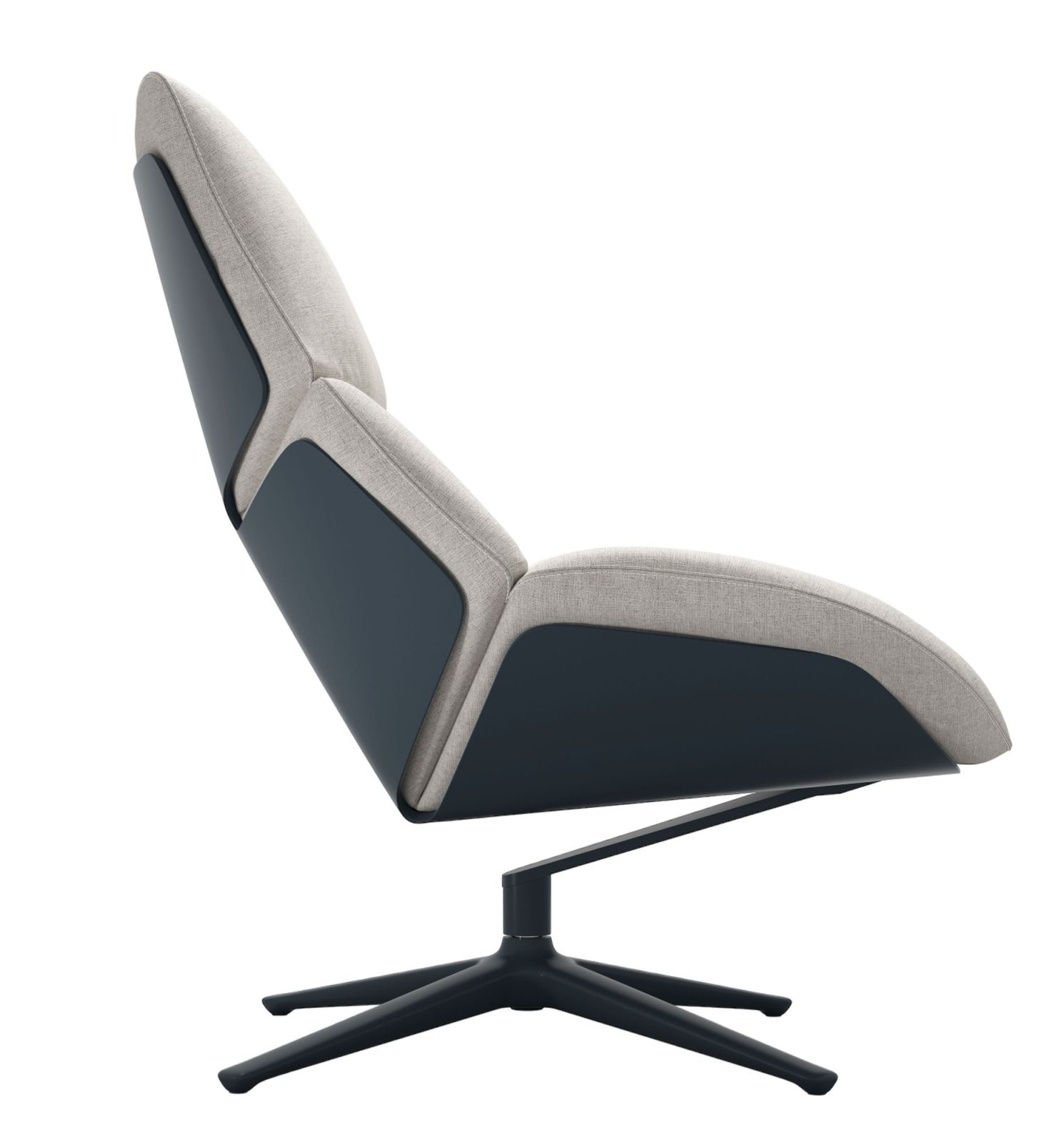 Shrimp 23 Drehsessel von Cor, Seitenansicht: Moderner Sessel mit grauem Bezug und dunklem Drehfuß.