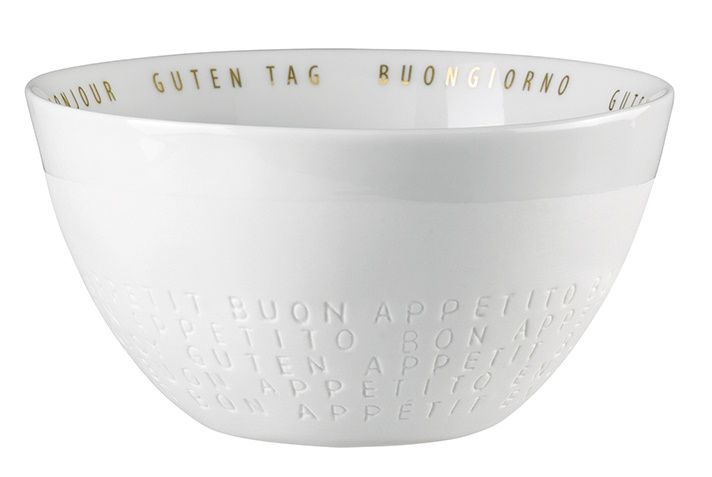 Weiße Schüssel aus dem "Guten Appetit" 3er Set von Räder, mit goldenen und geprägten Schriftzügen.