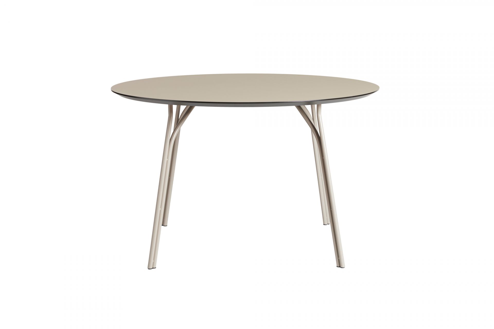 Woud Tree Esstisch Ø120, runder Tisch mit beigen Tischplatte und filigranem, hellen Metallgestell.