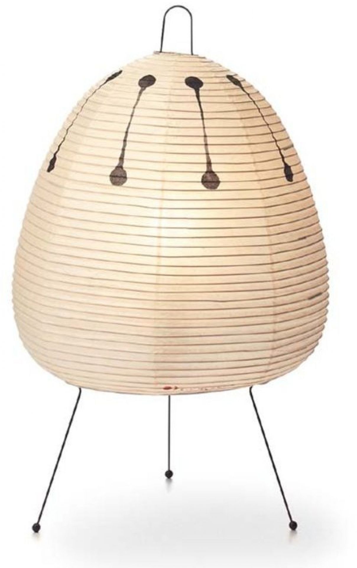 Akari Tischleuchte mit Papierlampenschirm und filigranem, schwarzem Dreibein-Gestell. Japanische Design Lampe für stimmungsvolles Licht.