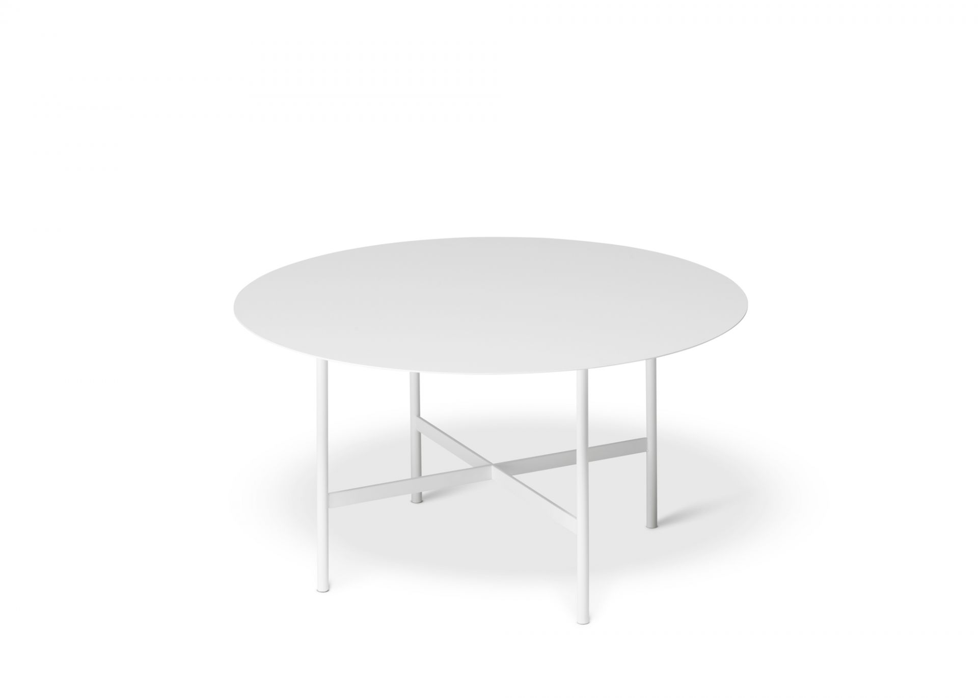 BETA Couchtisch, Beistelltisch groß von Müller Möbelfabrikation, rund, weiß lackiert mit filigranem Stahlgestell.