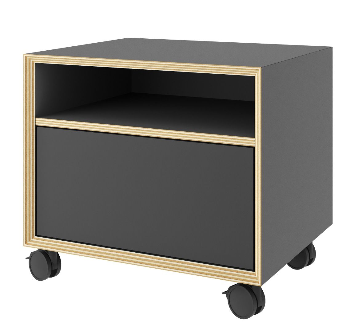 Vertiko kleine Kommode von Müller Möbelwerkstätten in Grau mit Schublade und Rollen.