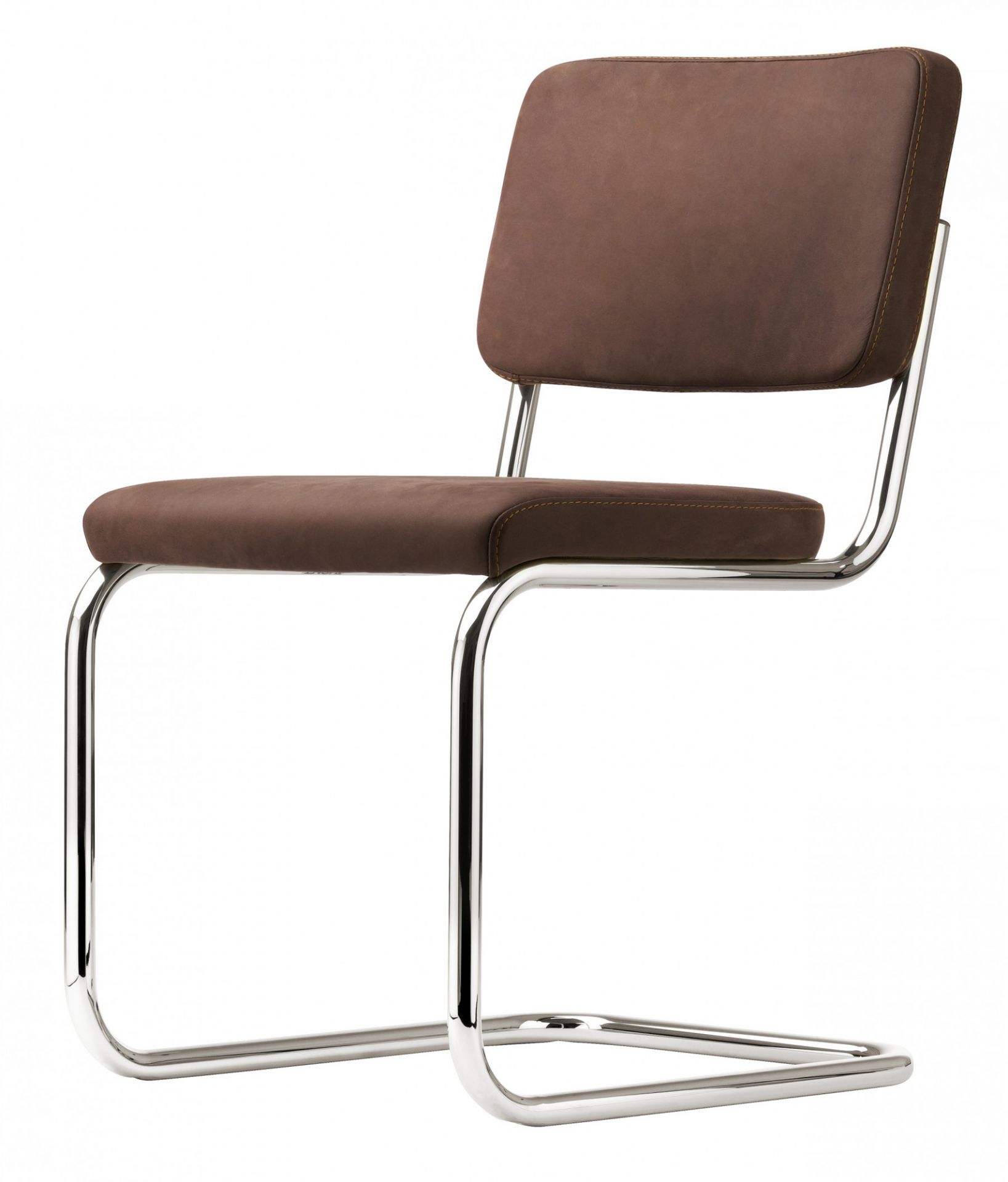 S 32 Freischwinger Stuhl von Thonet mit braunem Leder und Stahlrohr Gestell.