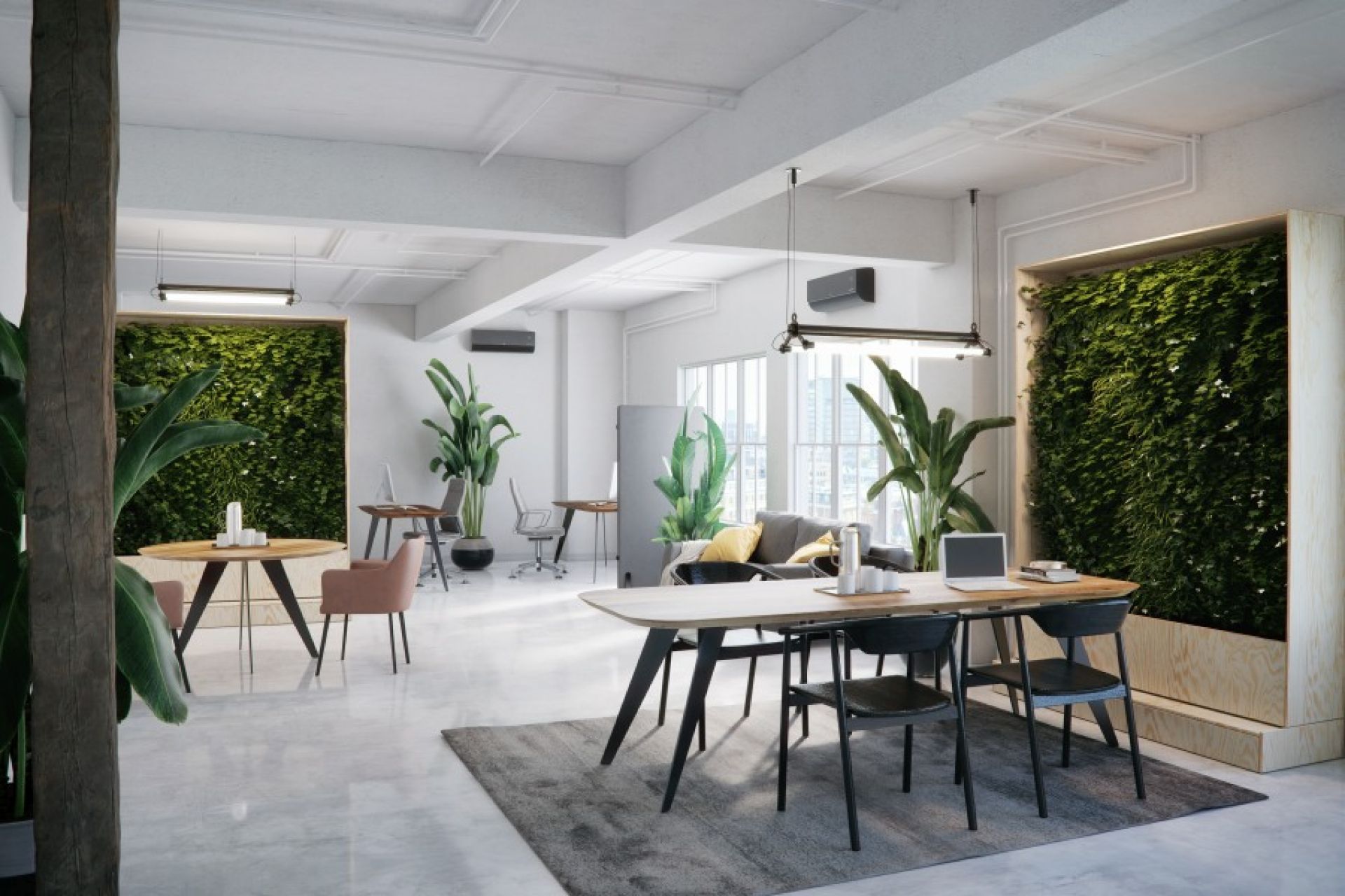Enke Esstisch Trebord: Heller Holztisch mit schwarzen Stühlen in modernem Büro mit Grünpflanzen.