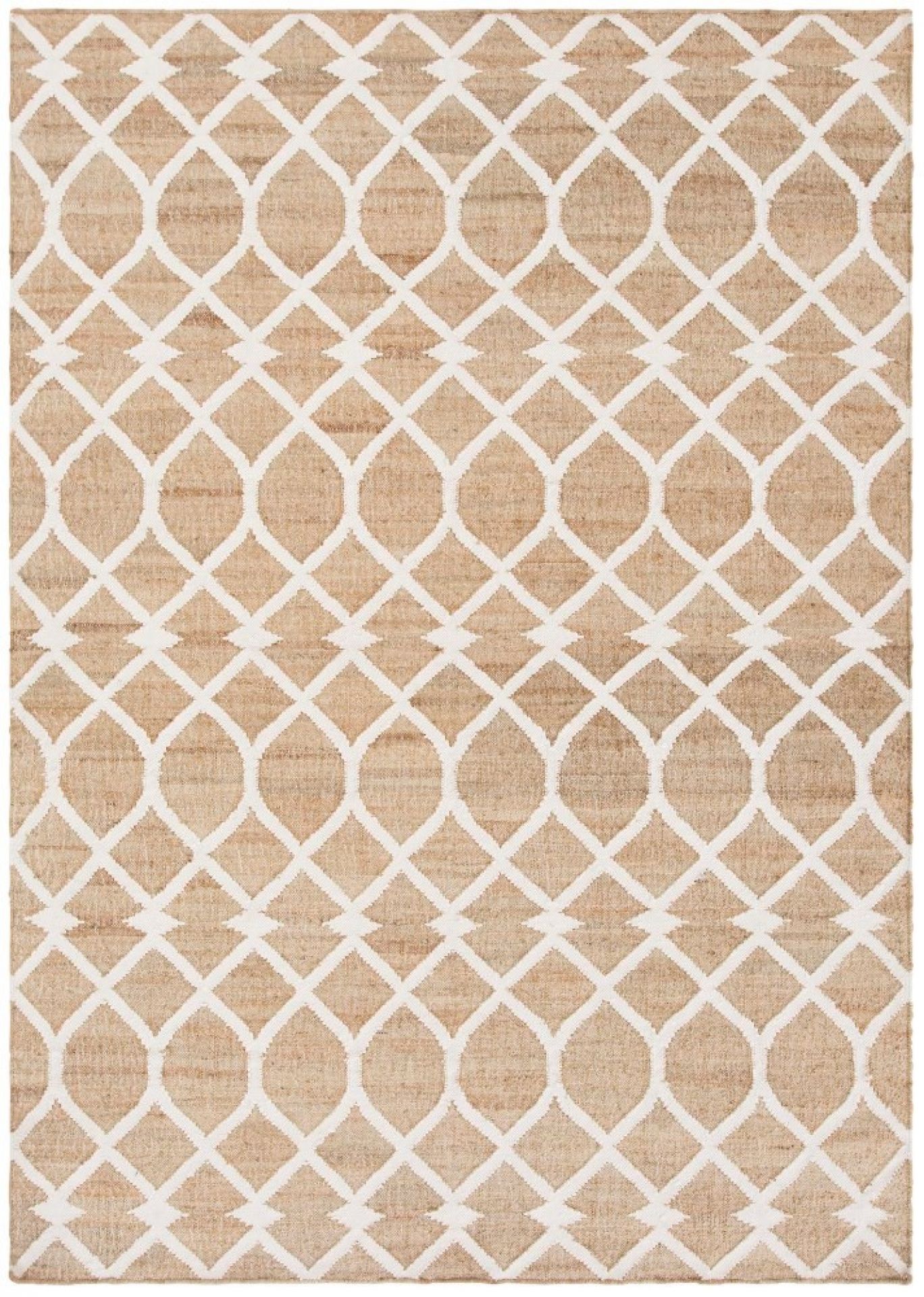 Kilim Rodas Teppich mit geometrischem Muster in Beige und Weiß, ideal für Wohnzimmer und Schlafzimmer.