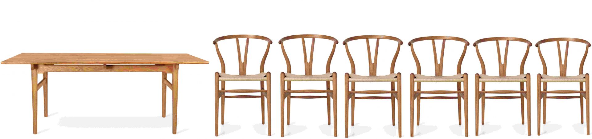 Essgruppe: Teak Esstisch mit sechs CH24 Wishbone Stühlen von Carl Hansen & Søn.
