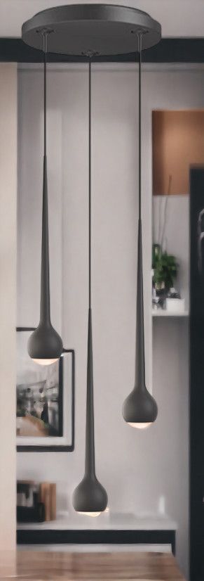 Graue Falling Sun Pendelleuchte mit drei Lampen für moderne Raumbeleuchtung.